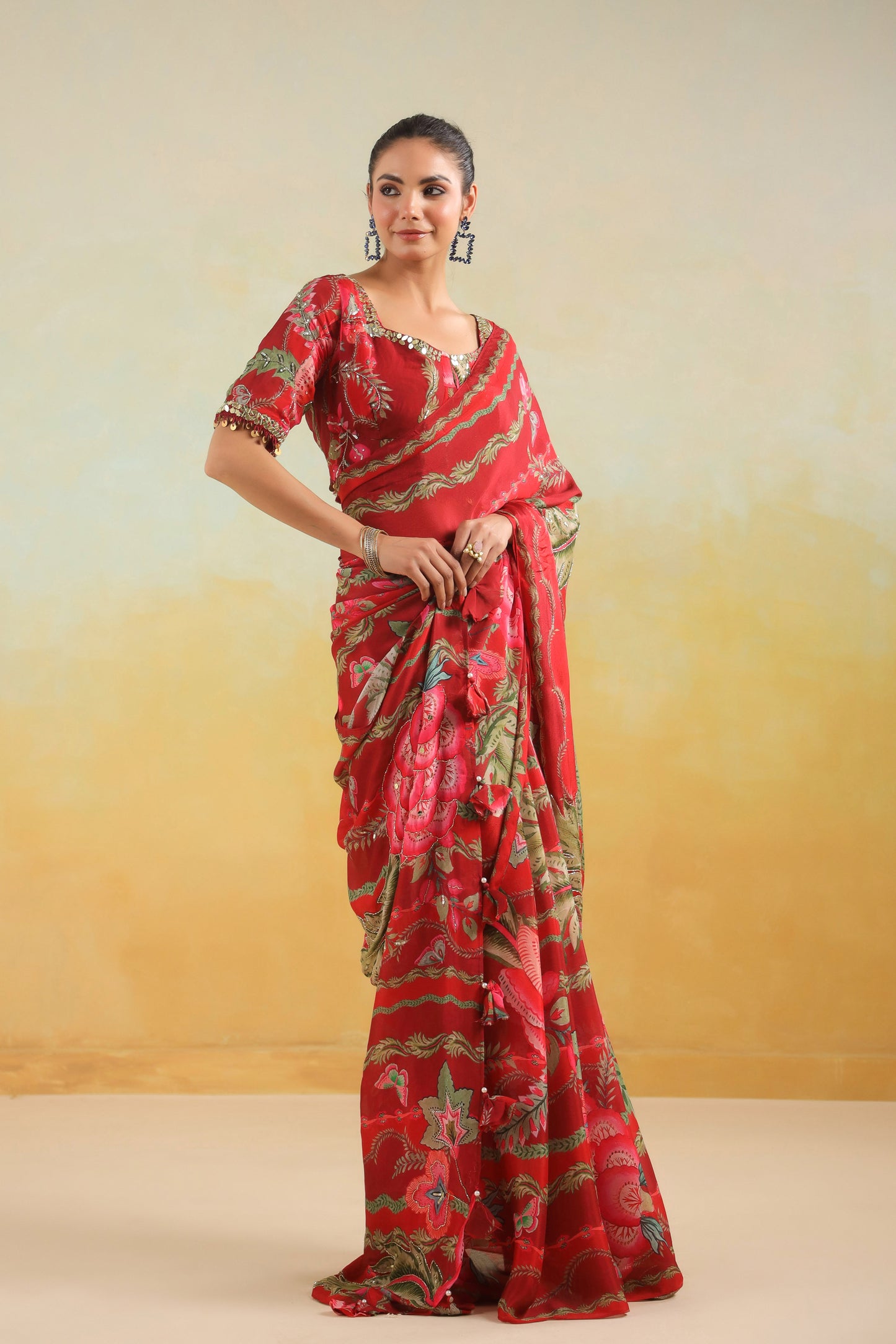 Scarlet Red Floral printed Saree