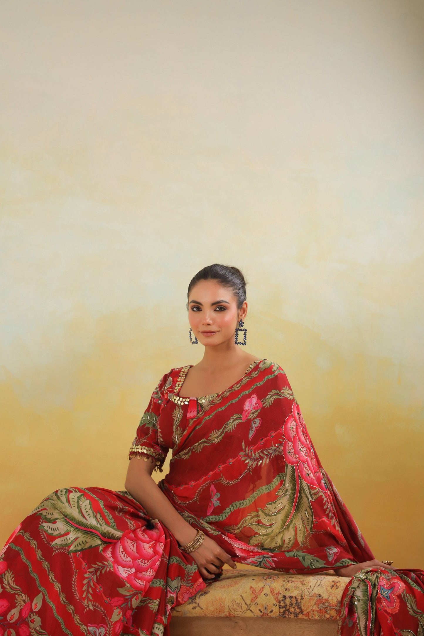 Scarlet Red Floral printed Saree