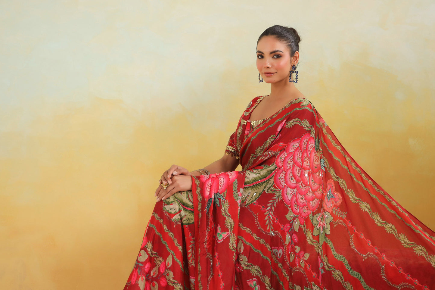 Scarlet Red Floral printed Saree