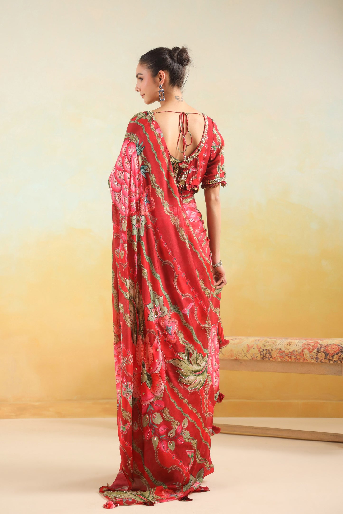 Scarlet Red Floral printed Saree