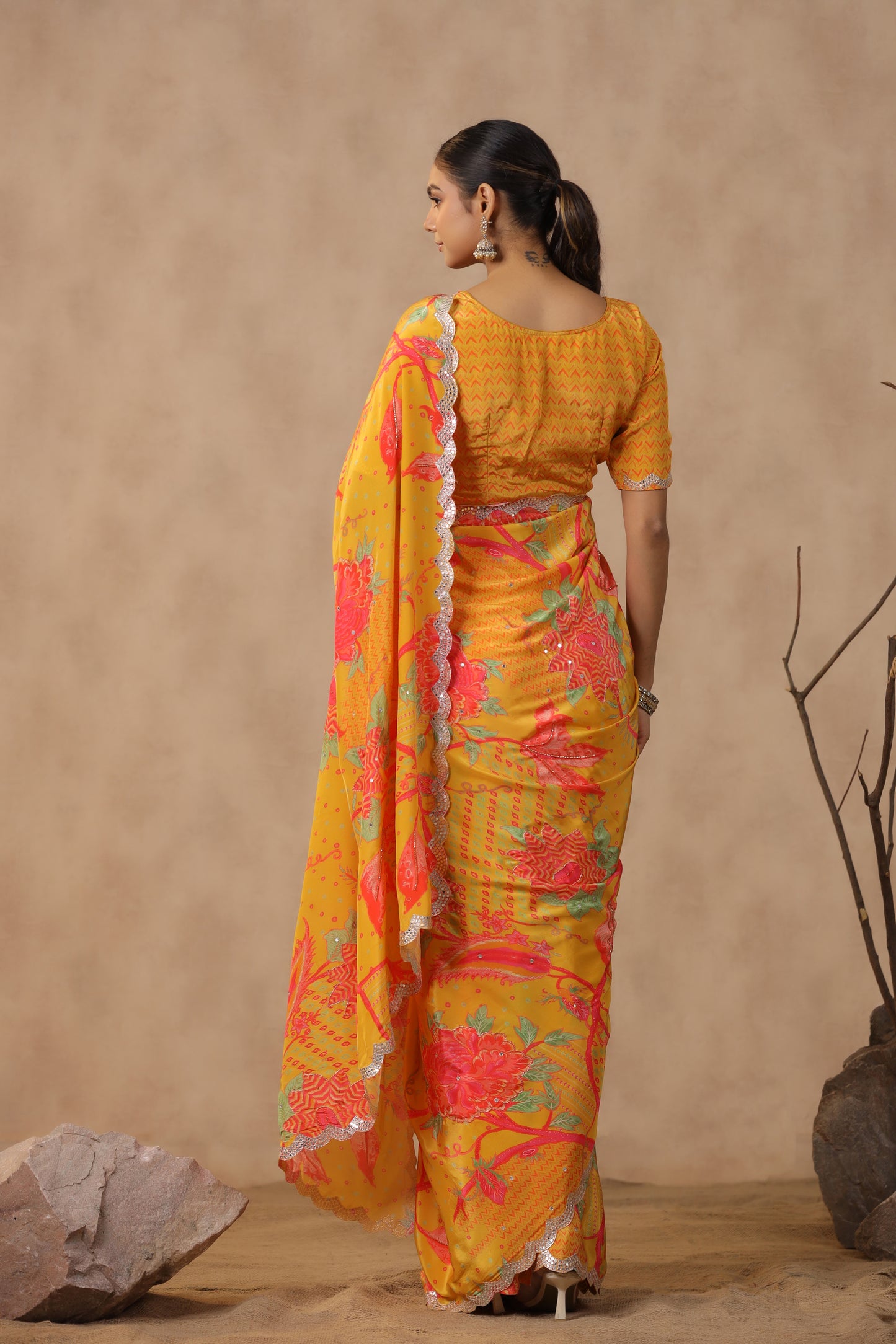 Amber Yellow Floral Printed Saree