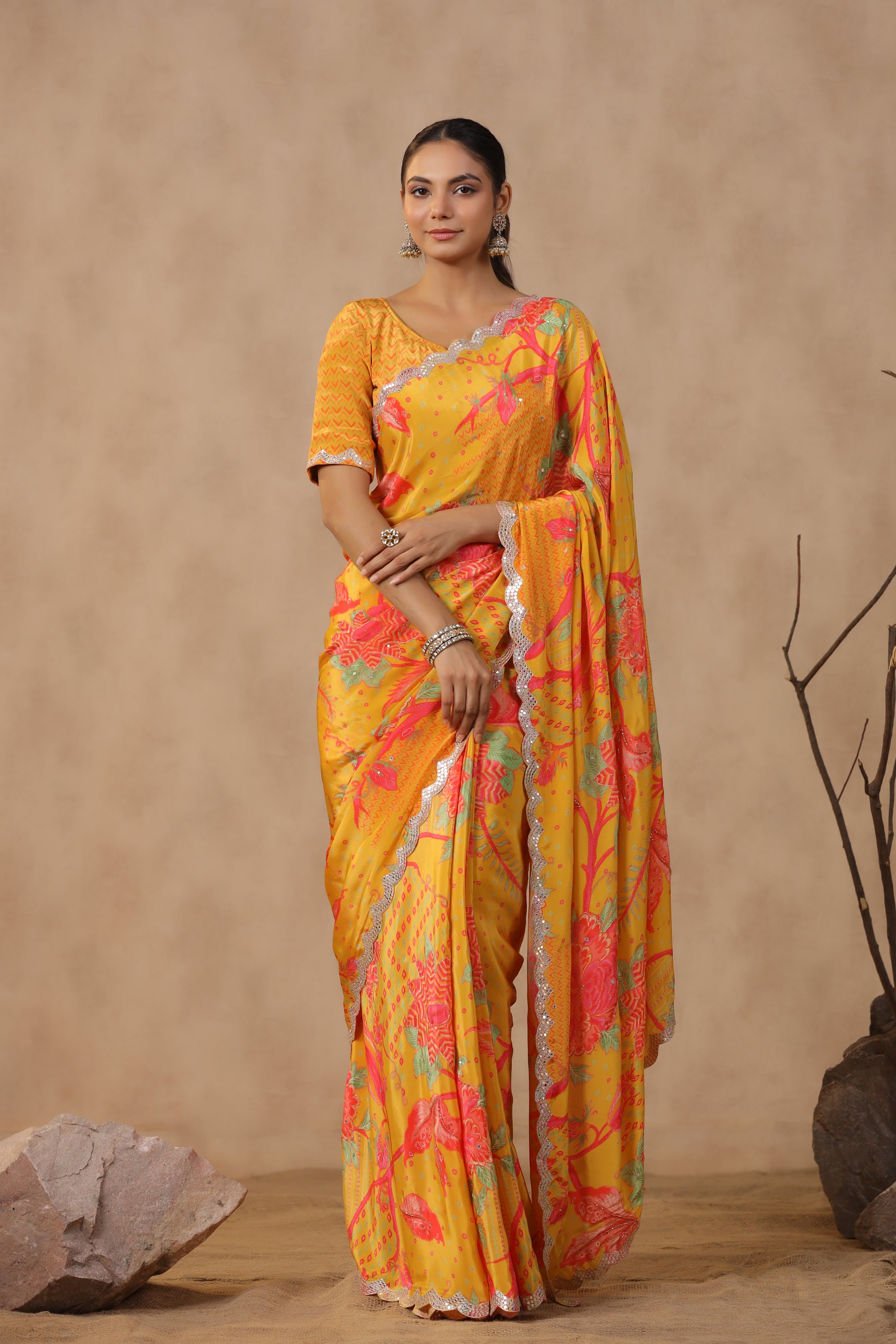 Amber Yellow Floral Printed Saree