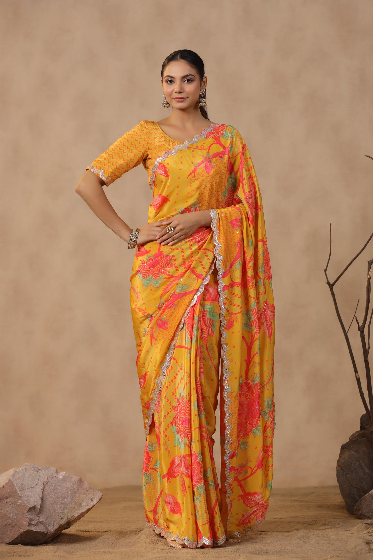 Amber Yellow Floral Printed Saree