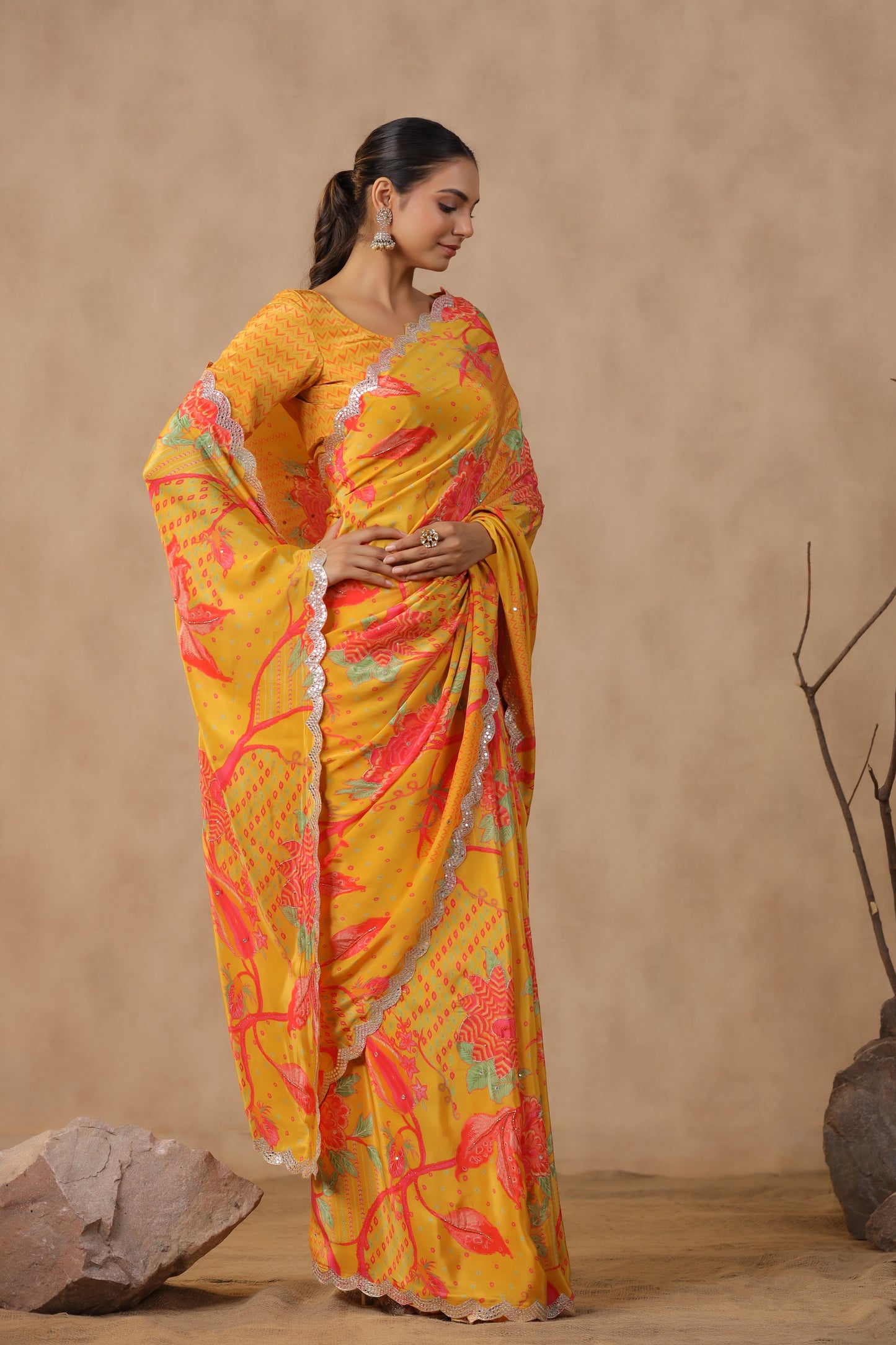 Amber Yellow Floral Printed Saree