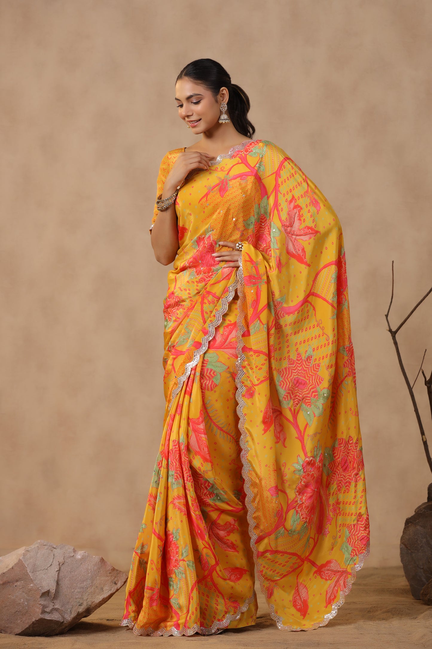 Amber Yellow Floral Printed Saree