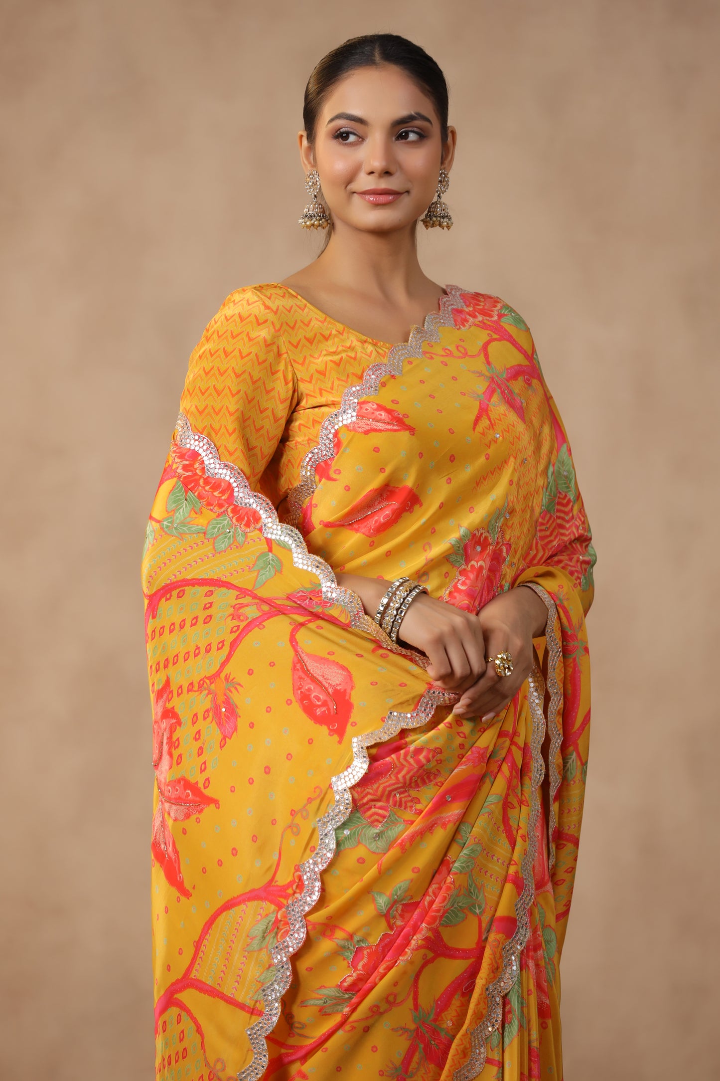 Amber Yellow Floral Printed Saree