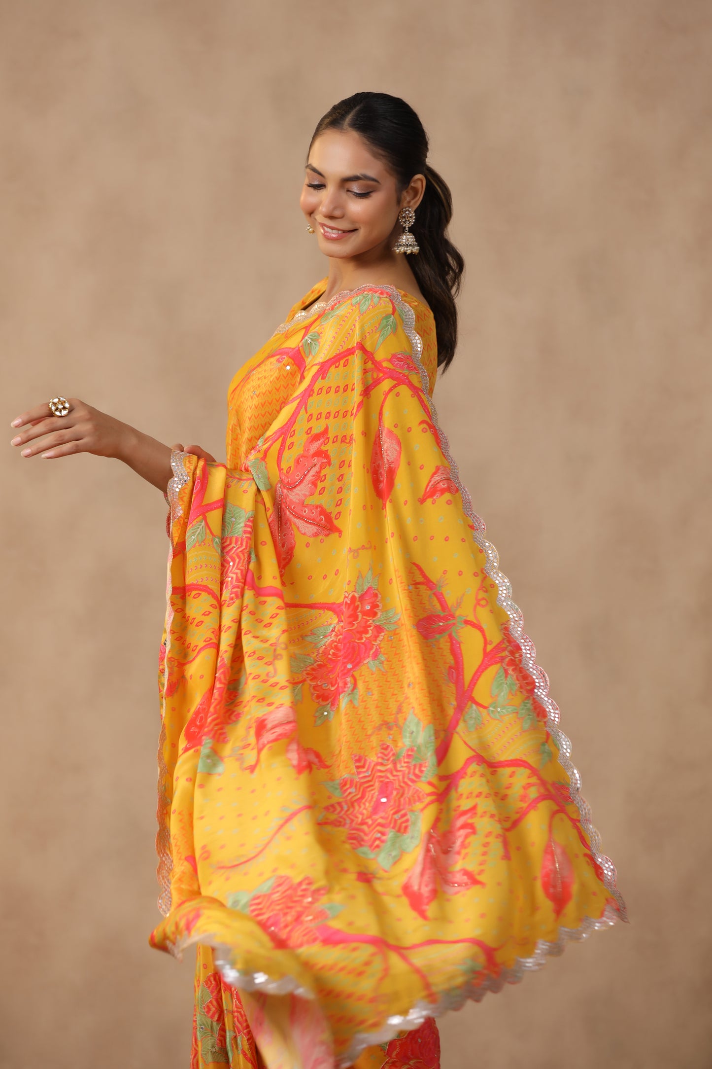 Amber Yellow Floral Printed Saree