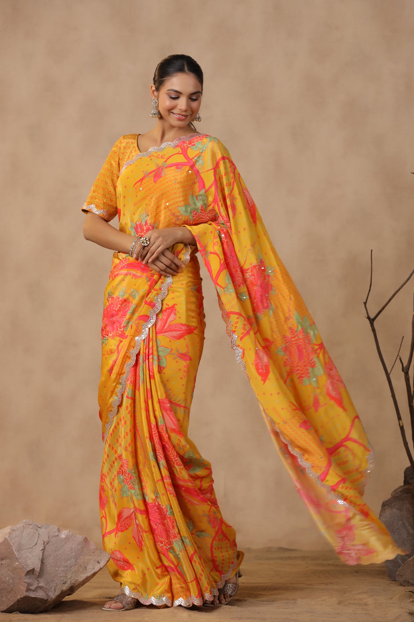 Amber Yellow Floral Printed Saree
