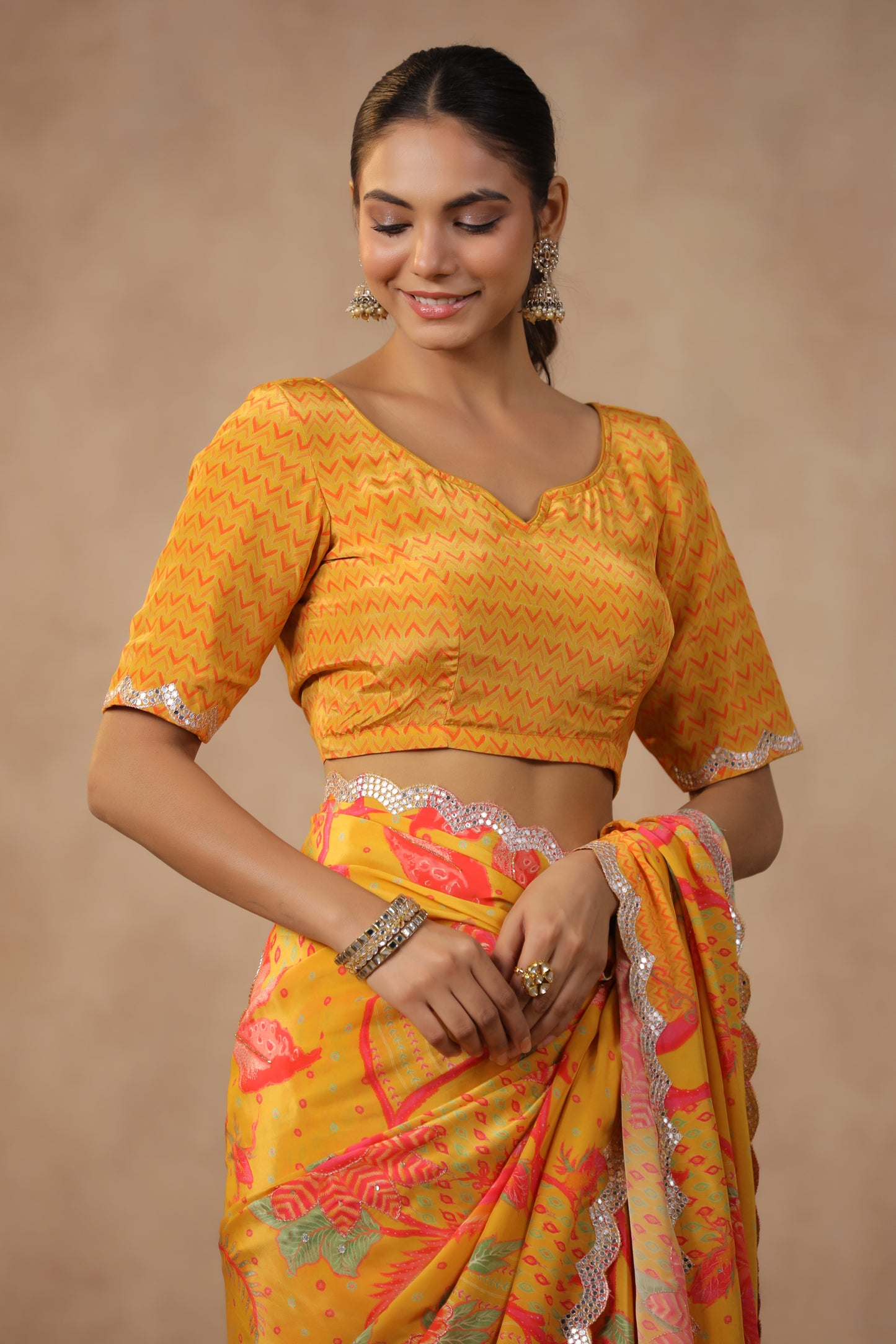 Amber Yellow Floral Printed Saree