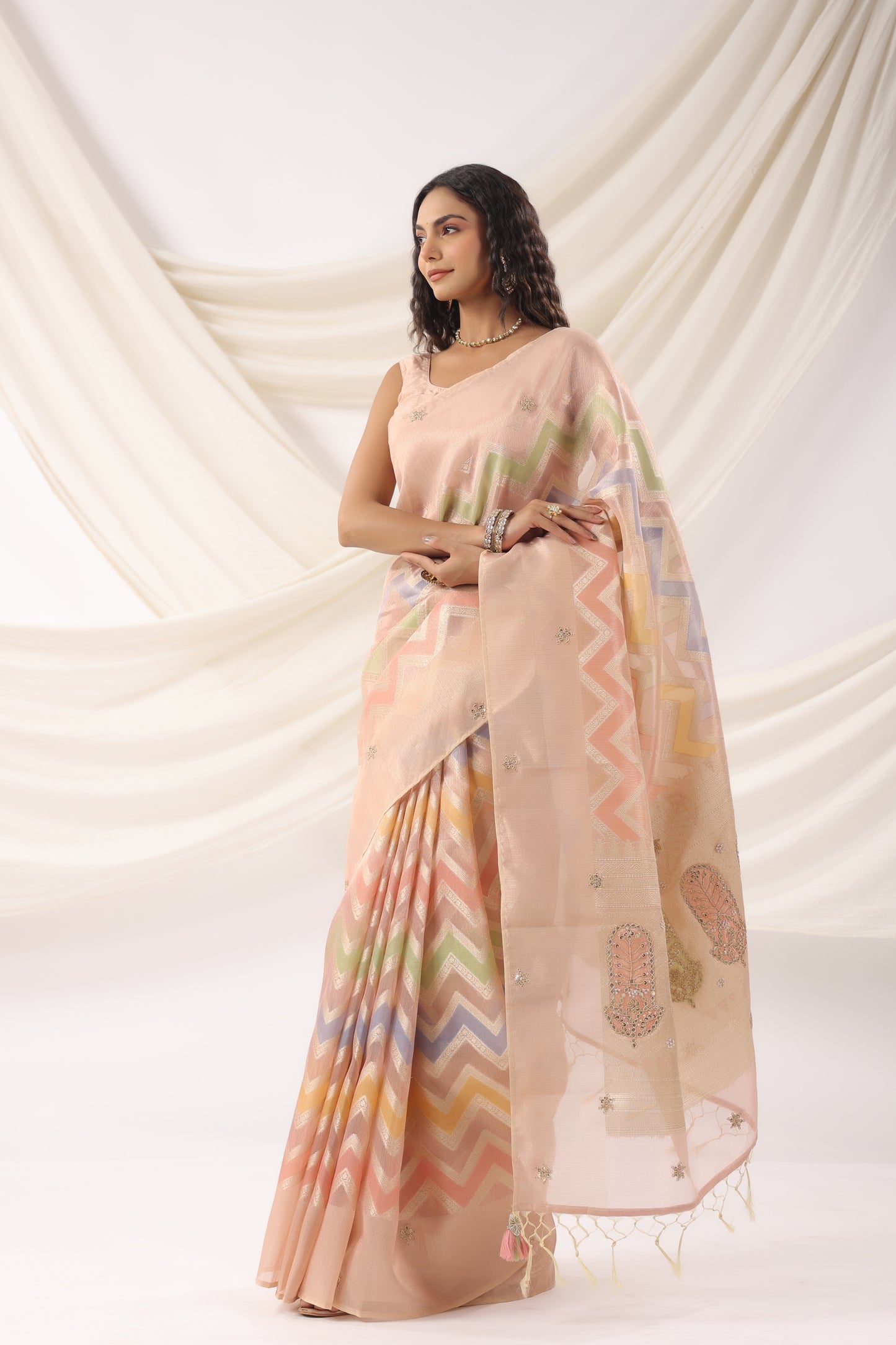 Coral Peach Zari Saree
