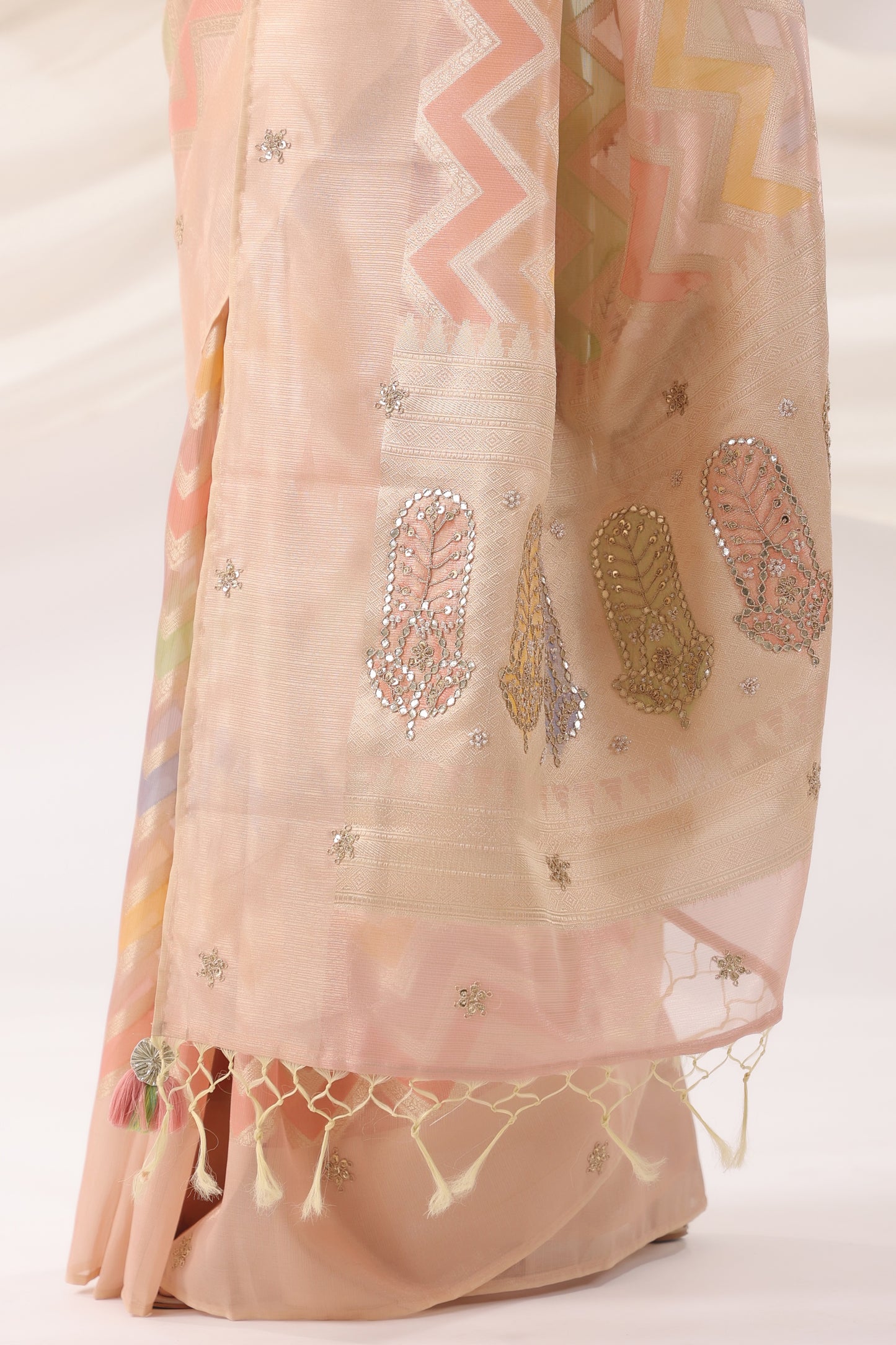 Coral Peach Zari Saree
