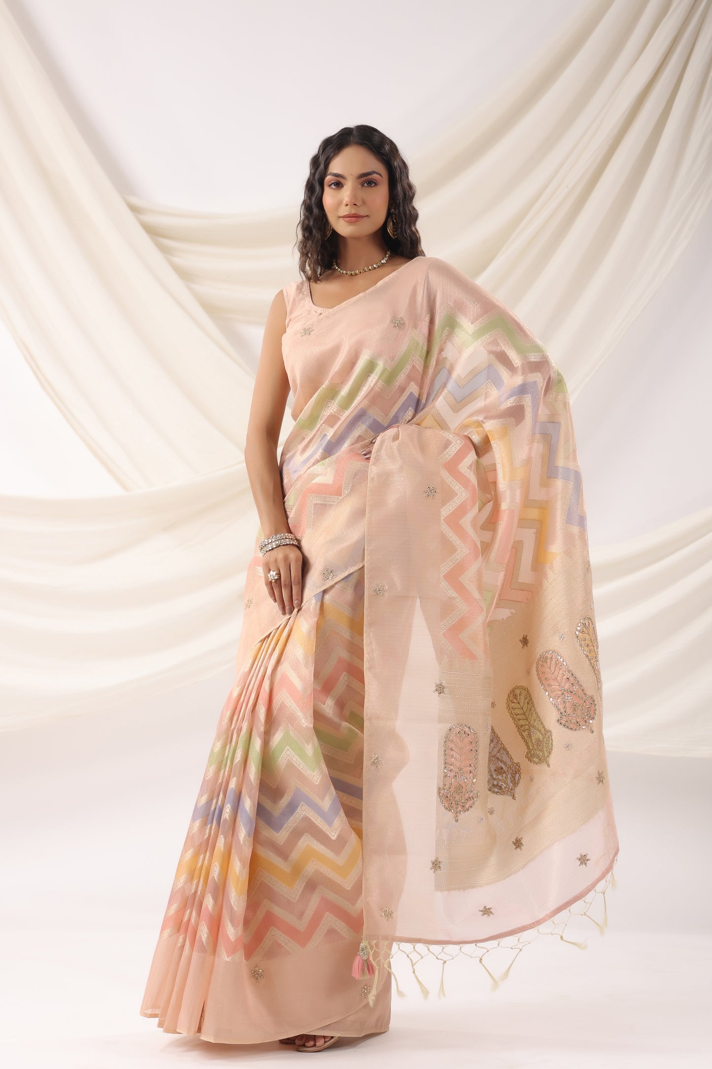 Coral Peach Zari Saree