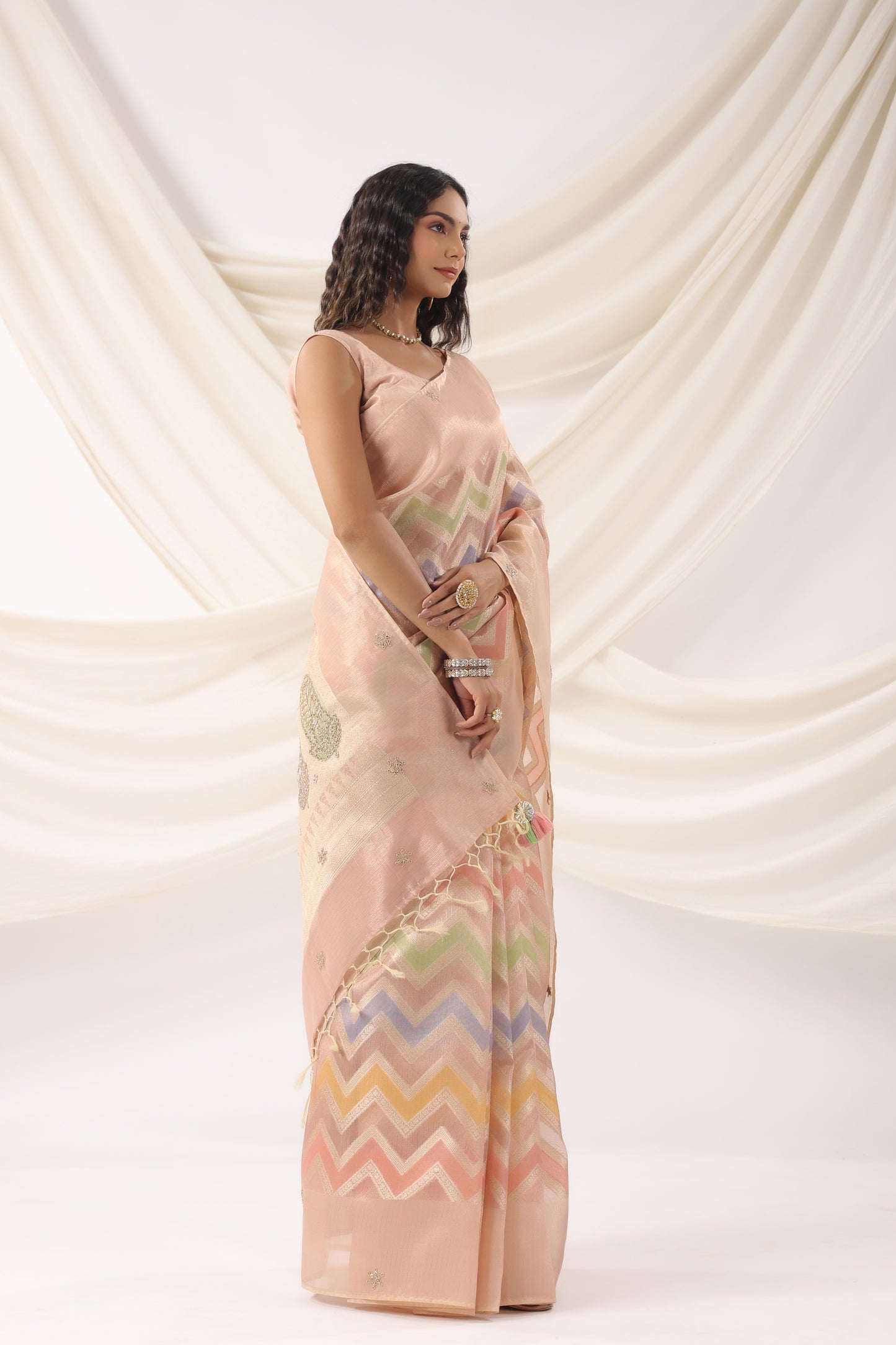 Coral Peach Zari Saree