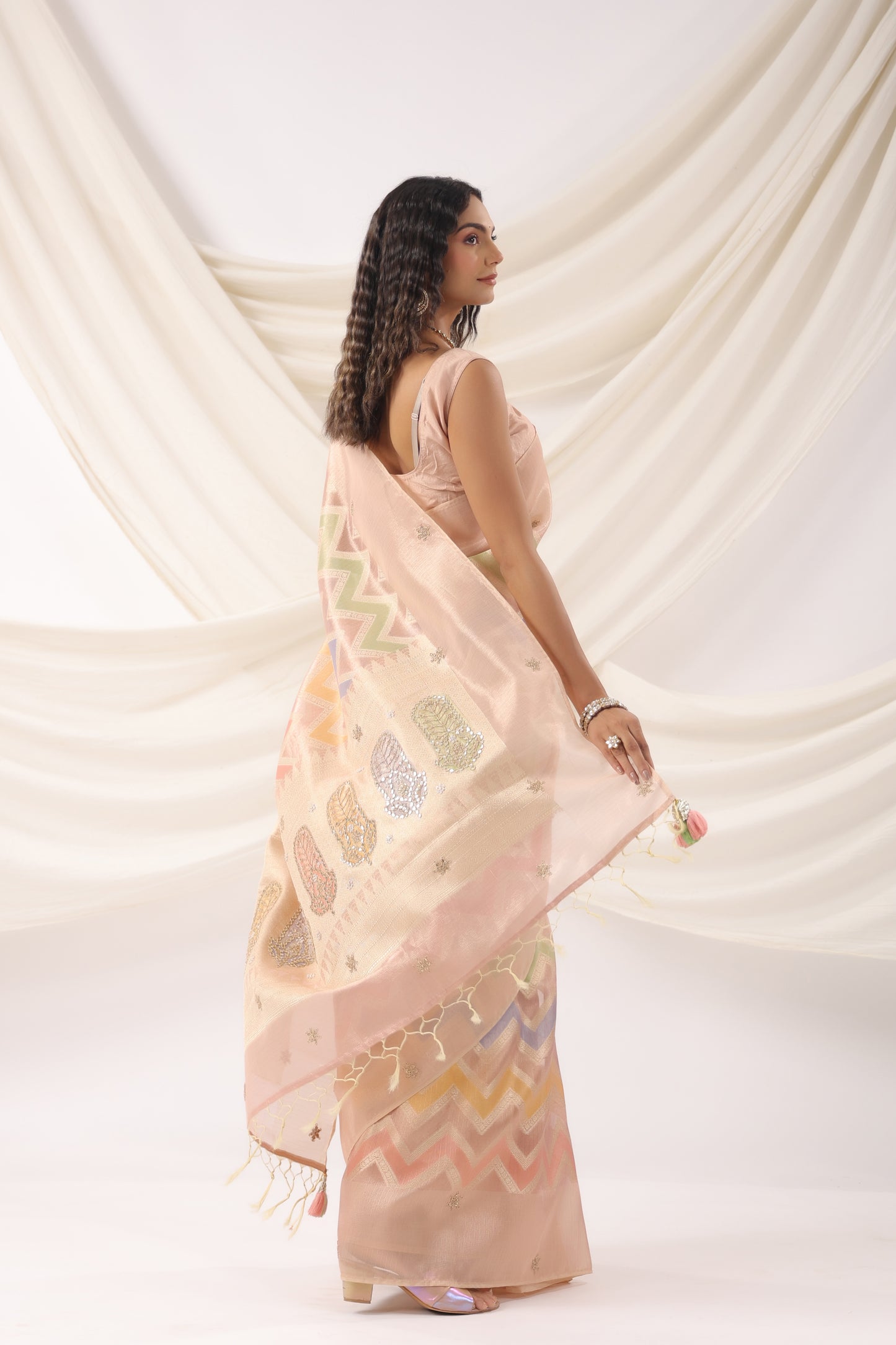Coral Peach Zari Saree