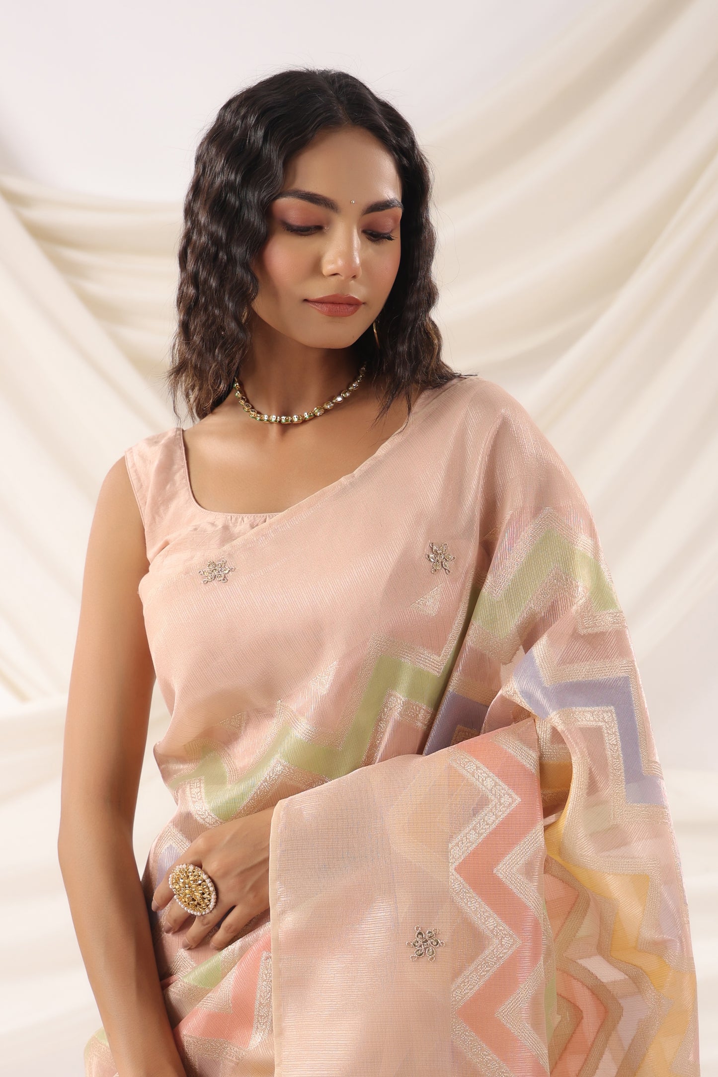 Coral Peach Zari Saree