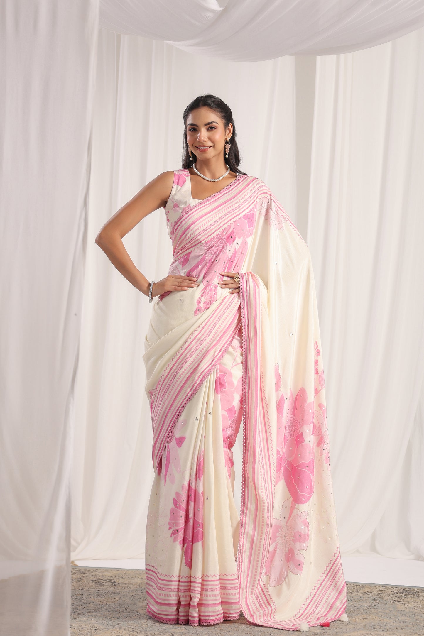White Blossom Floral printed Saree