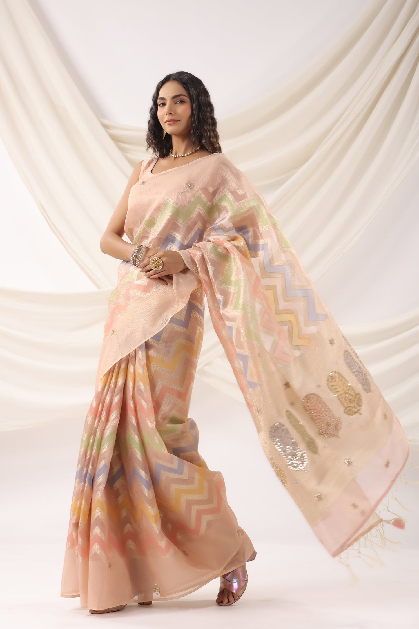 Coral Peach Zari Saree