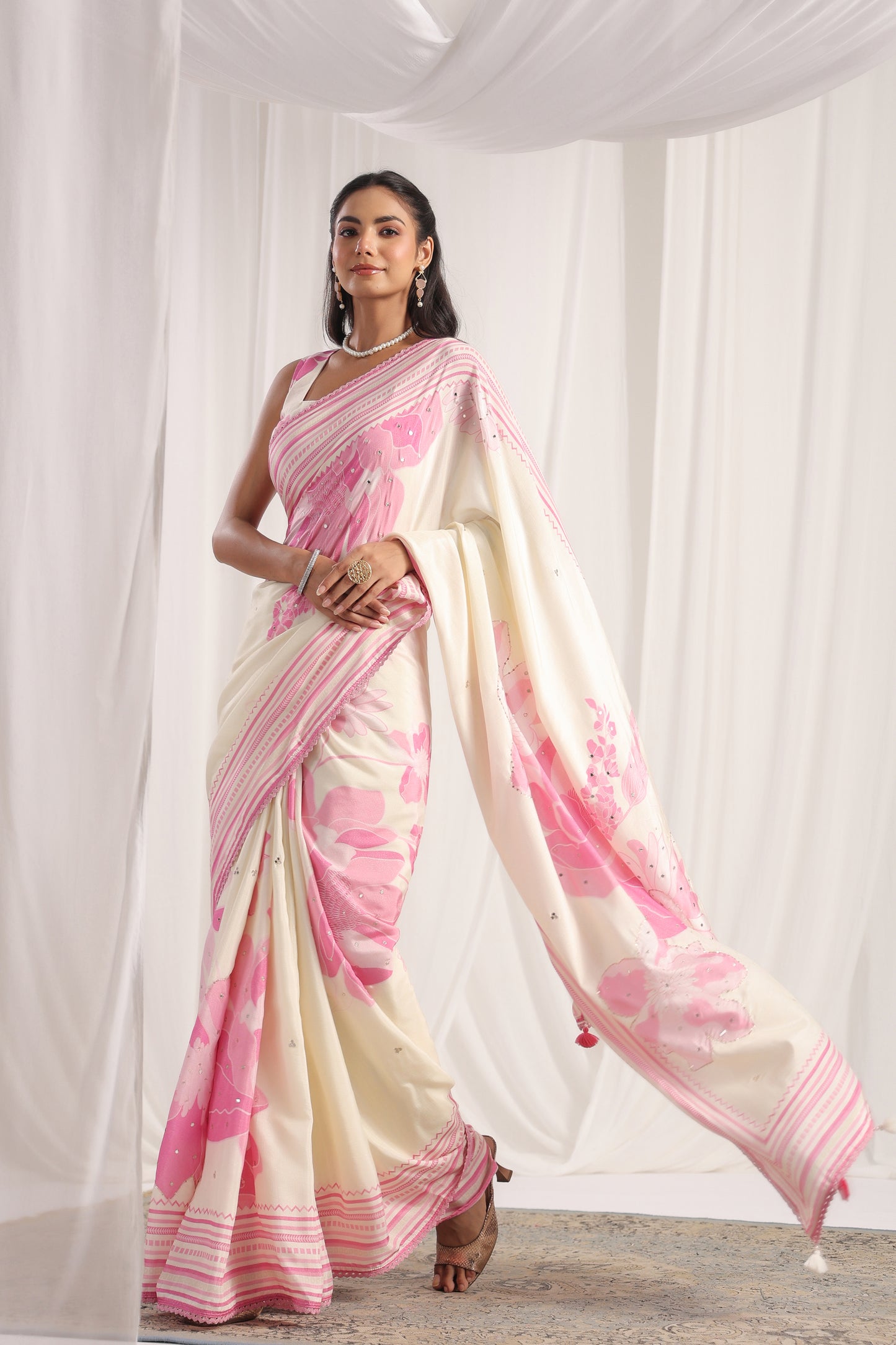 White Blossom Floral printed Saree