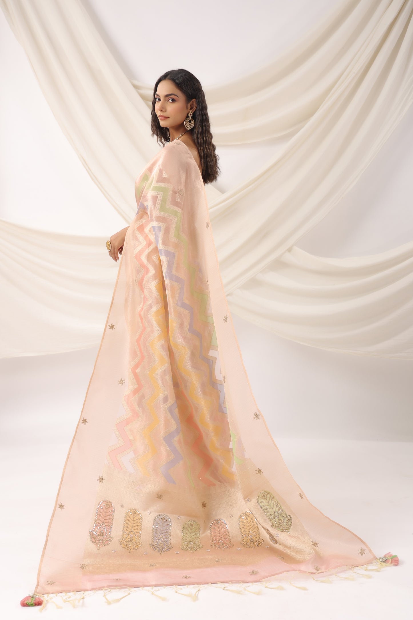 Coral Peach Zari Saree