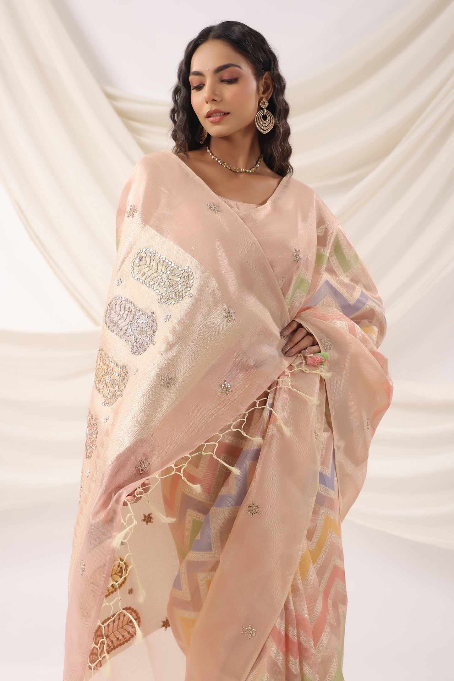 Coral Peach Zari Saree