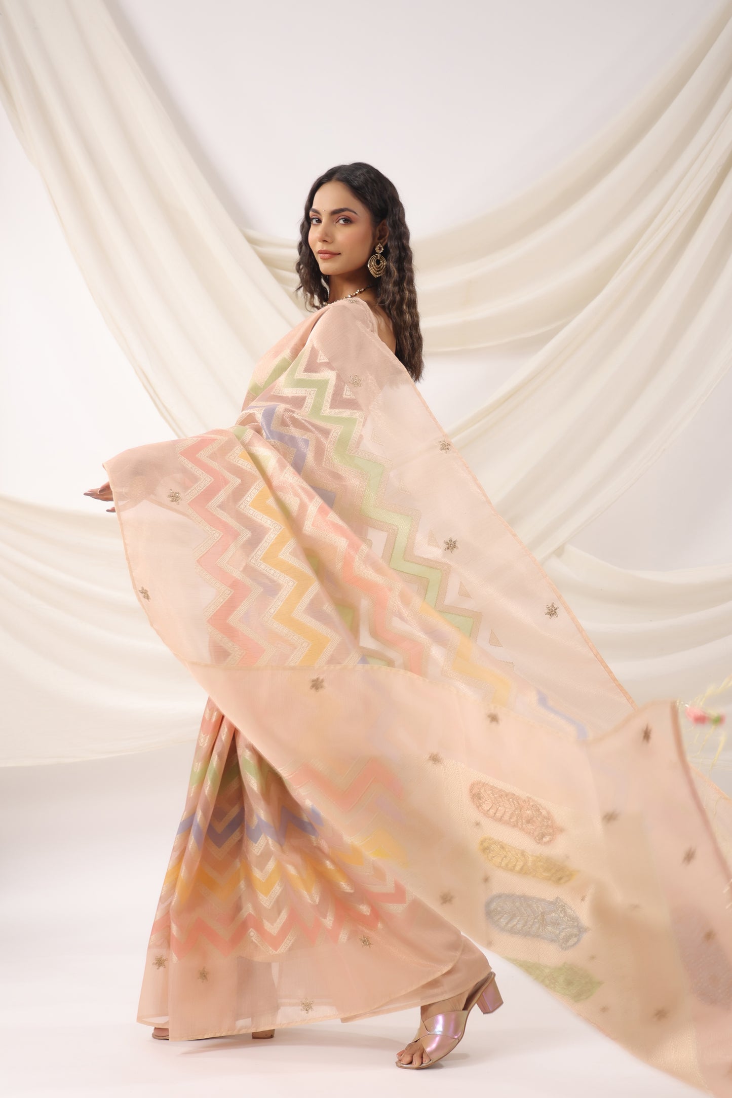 Coral Peach Zari Saree