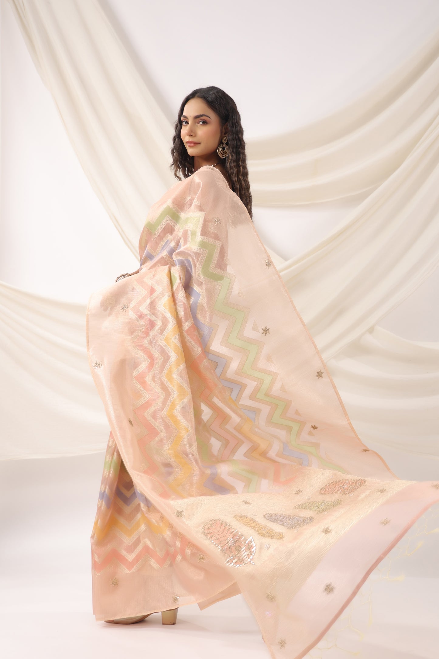 Coral Peach Zari Saree