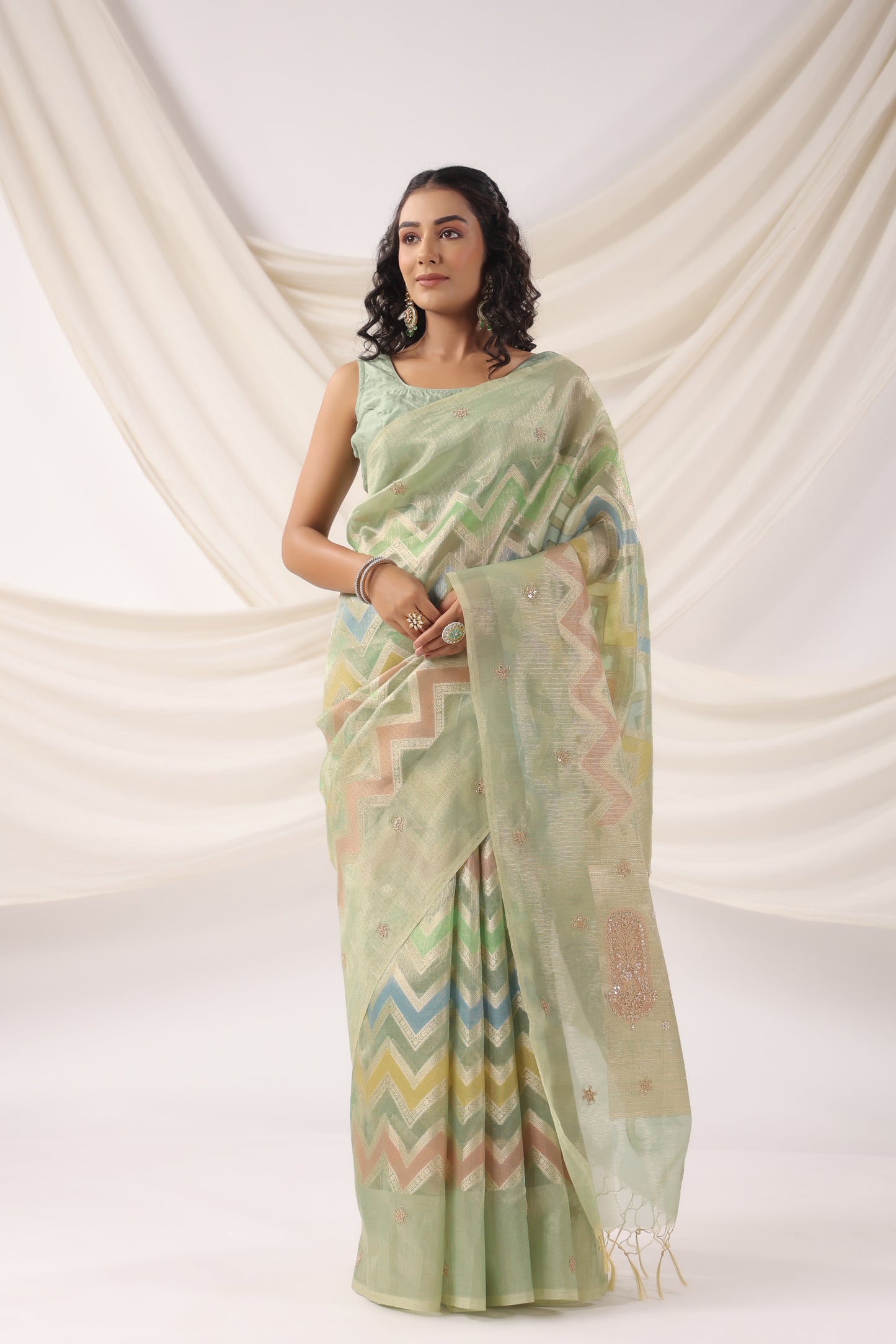 Mint Green multicolour Zari Saree