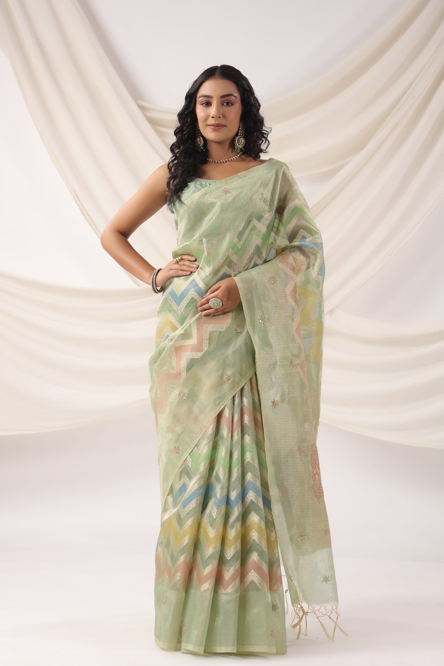 Mint Green multicolour Zari Saree