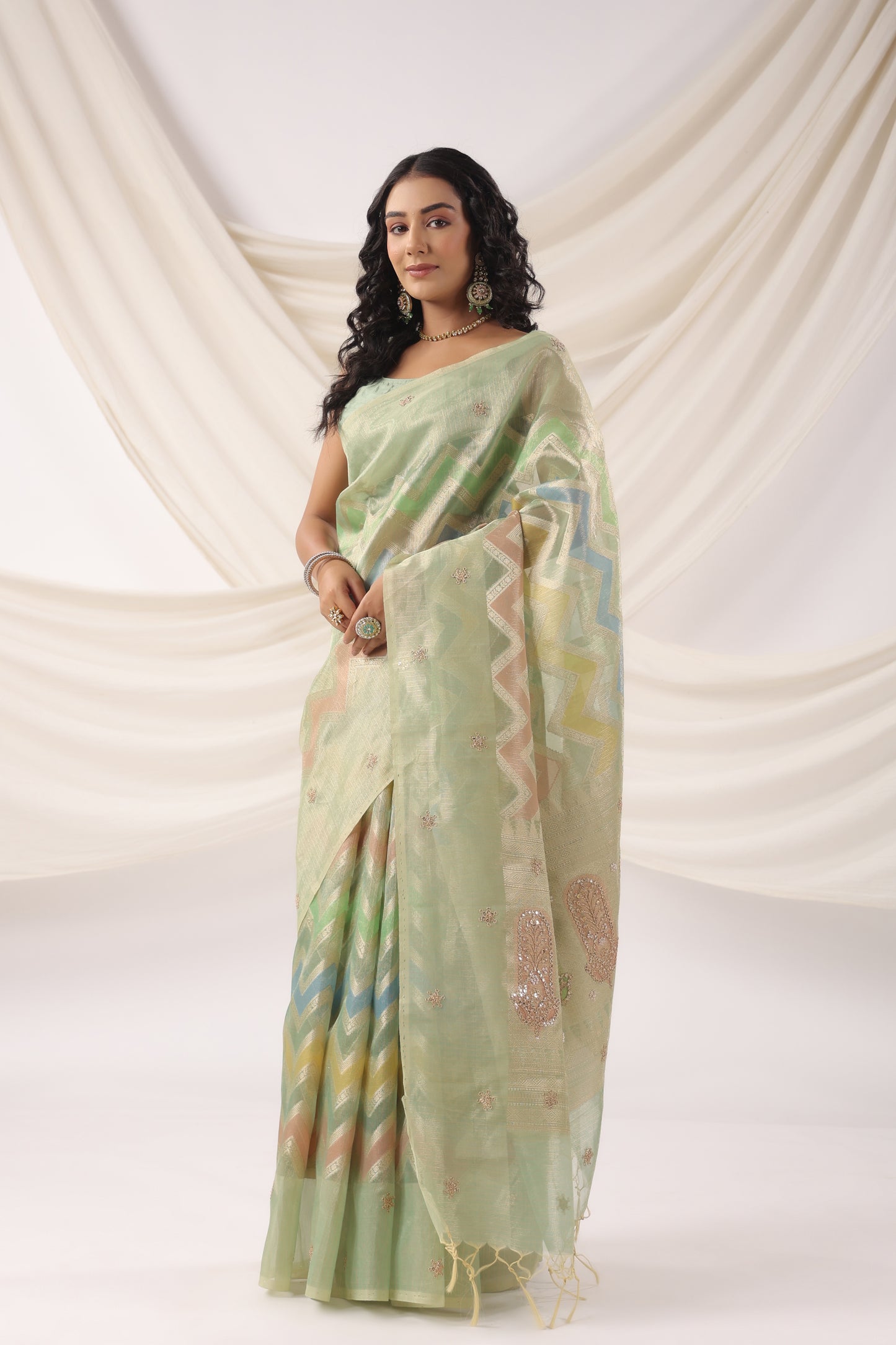 Mint Green multicolour Zari Saree