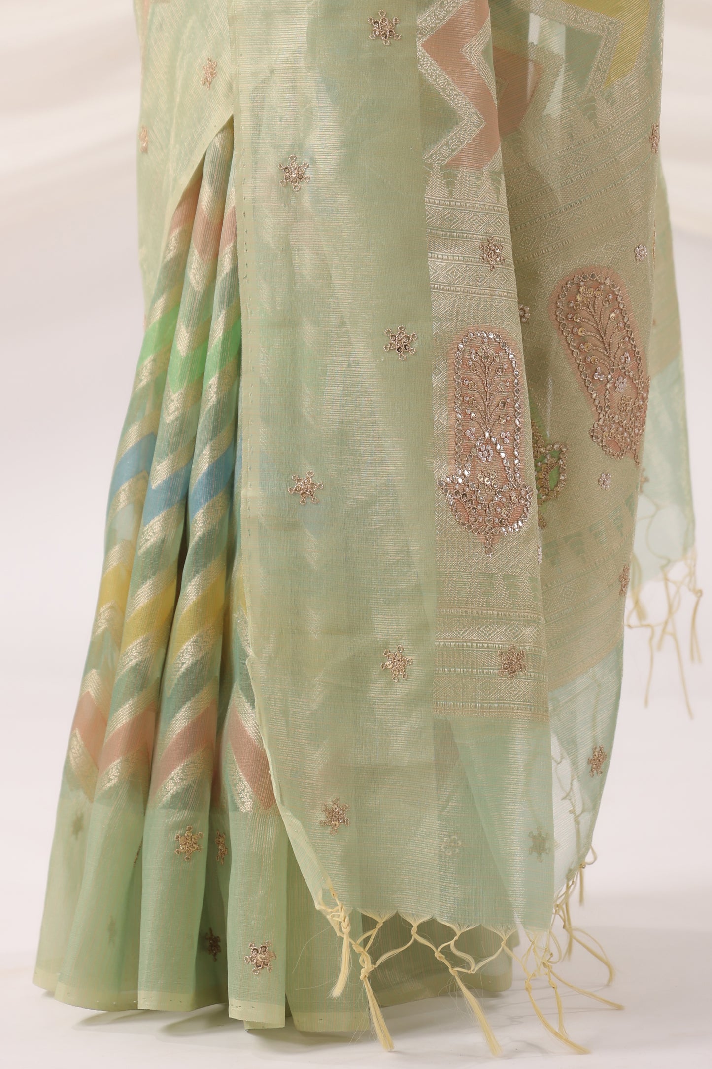 Mint Green multicolour Zari Saree