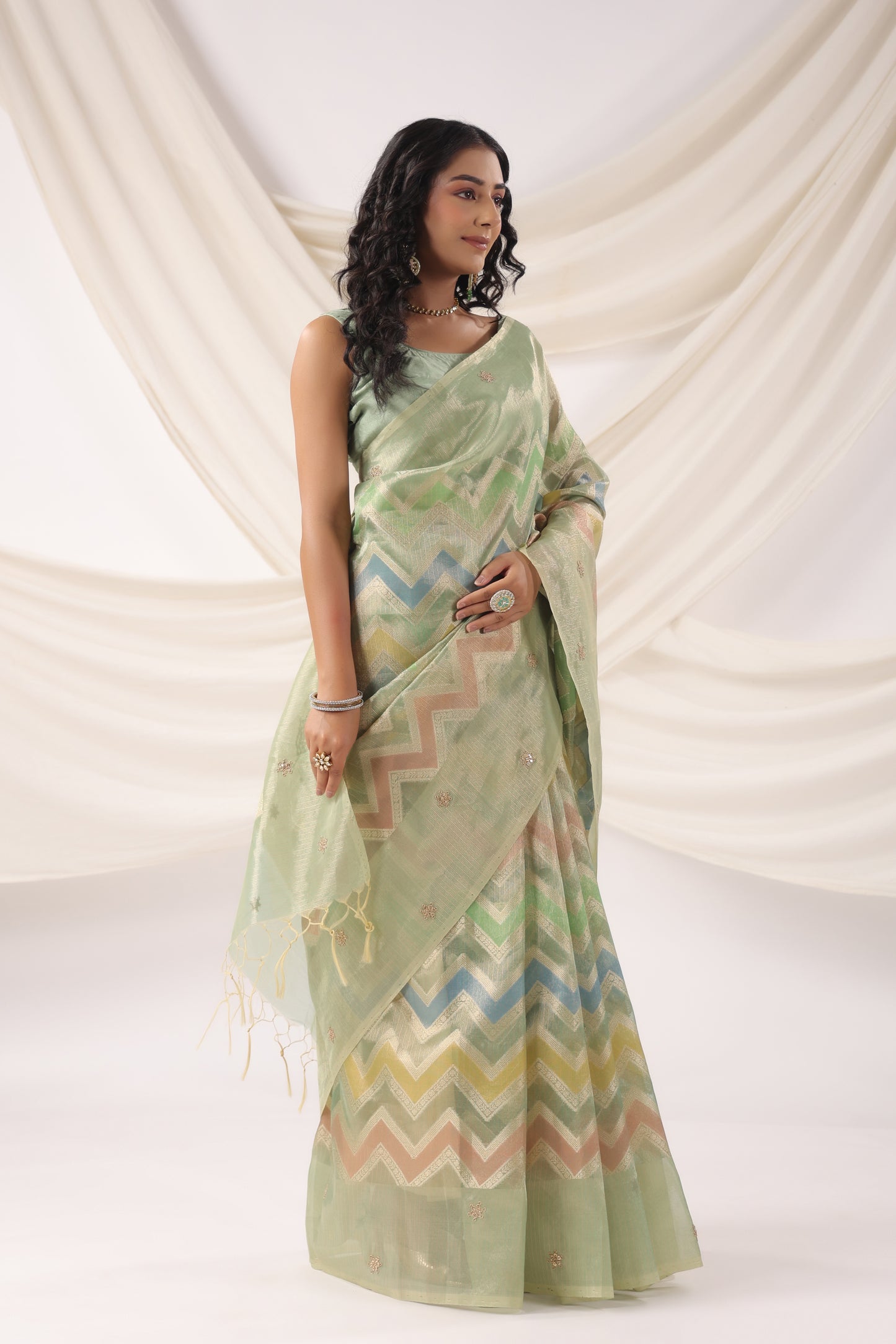 Mint Green multicolour Zari Saree
