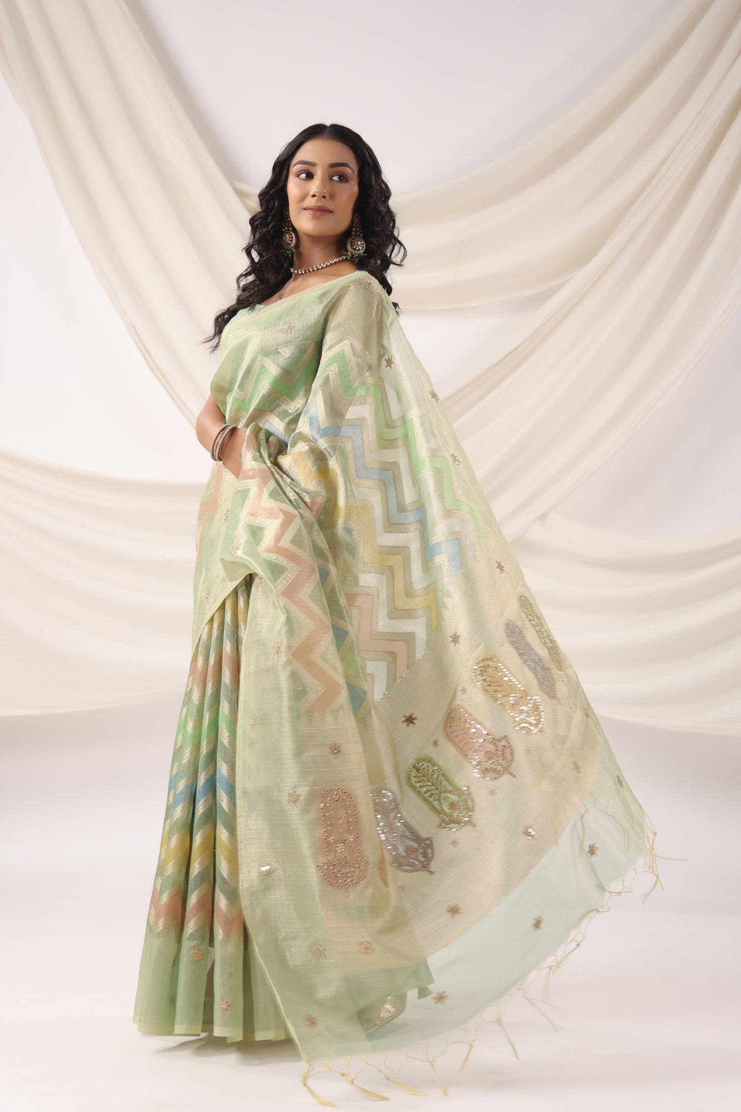 Mint Green multicolour Zari Saree
