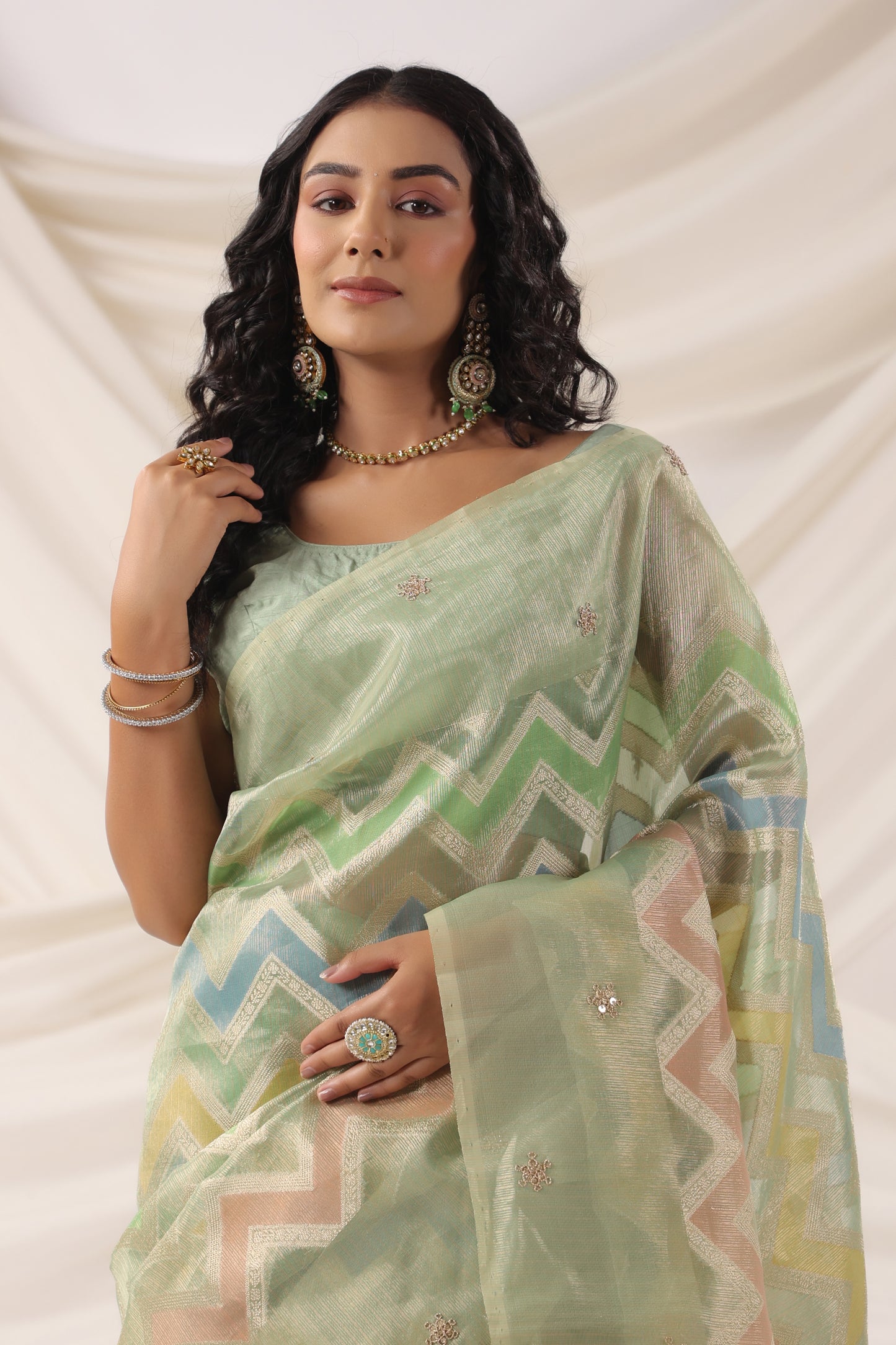 Mint Green multicolour Zari Saree