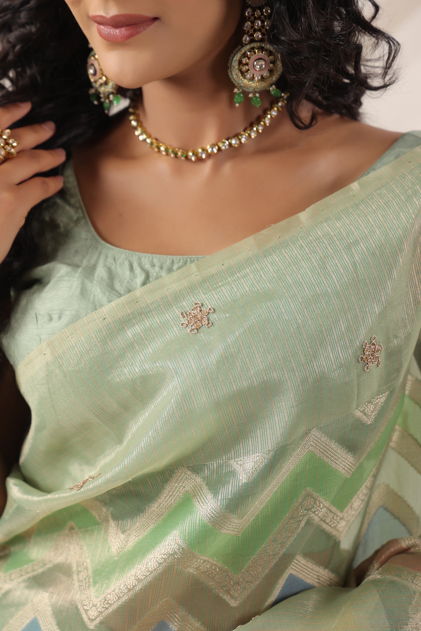 Mint Green multicolour Zari Saree