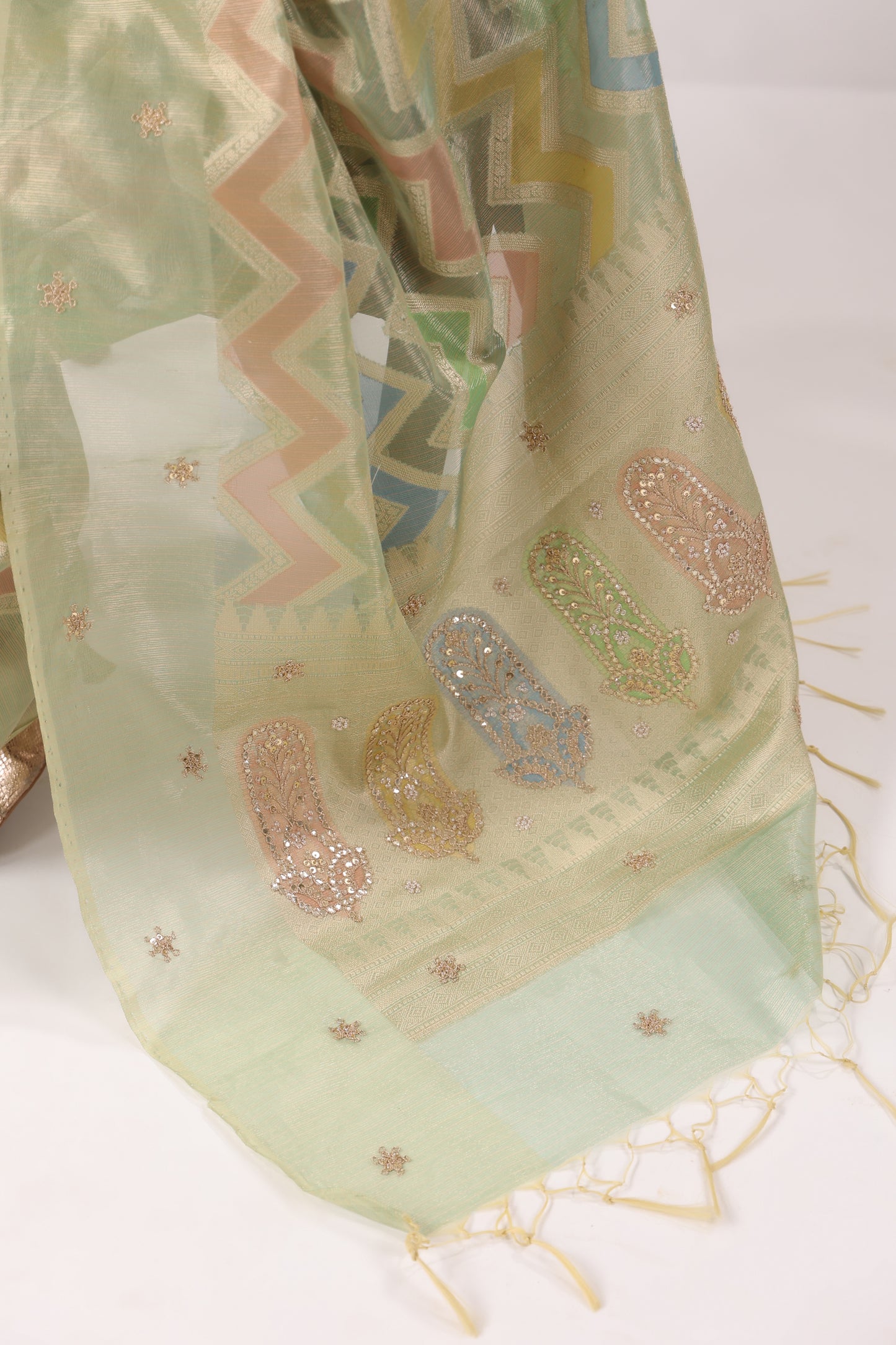 Mint Green multicolour Zari Saree