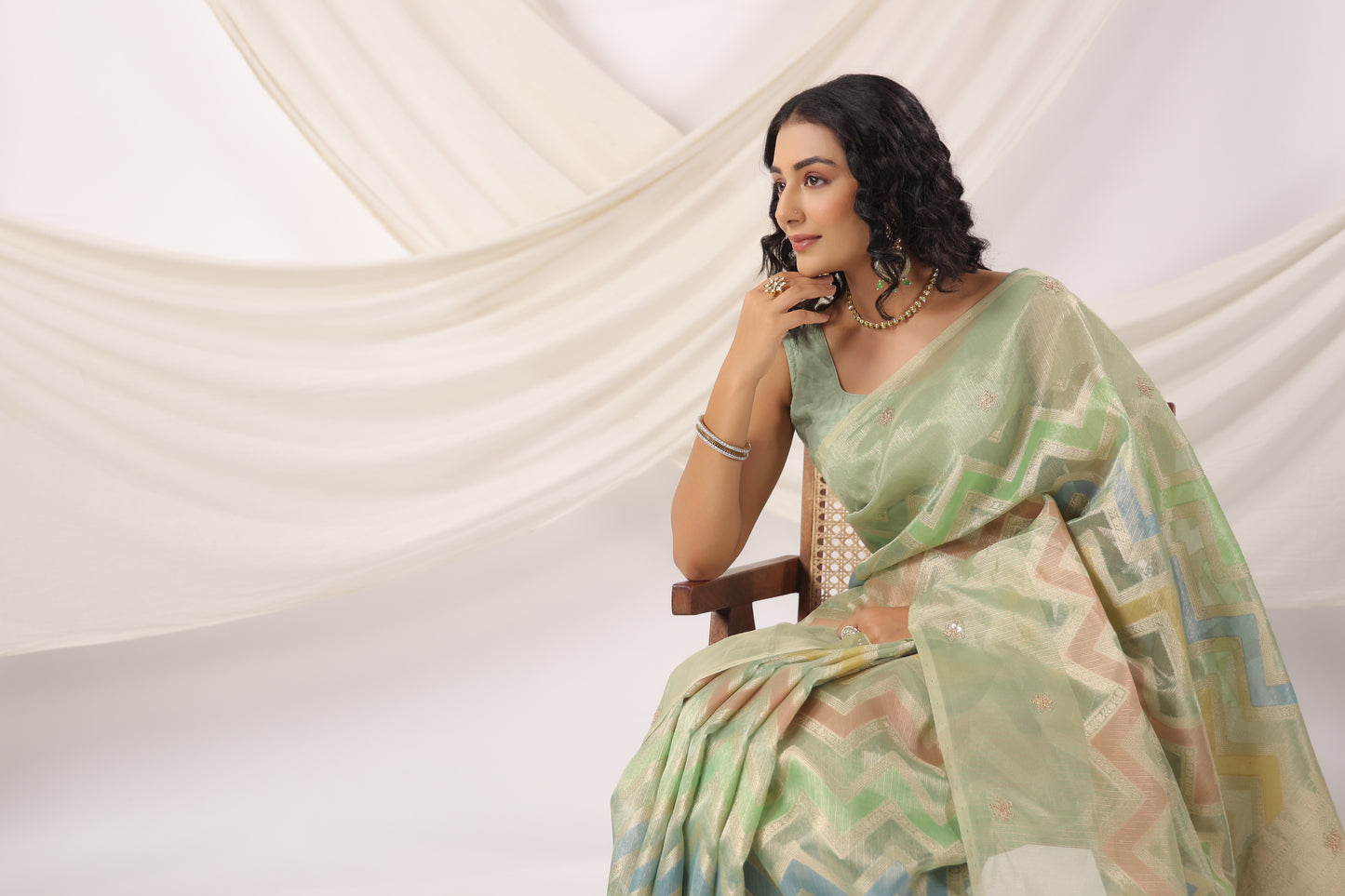 Mint Green multicolour Zari Saree