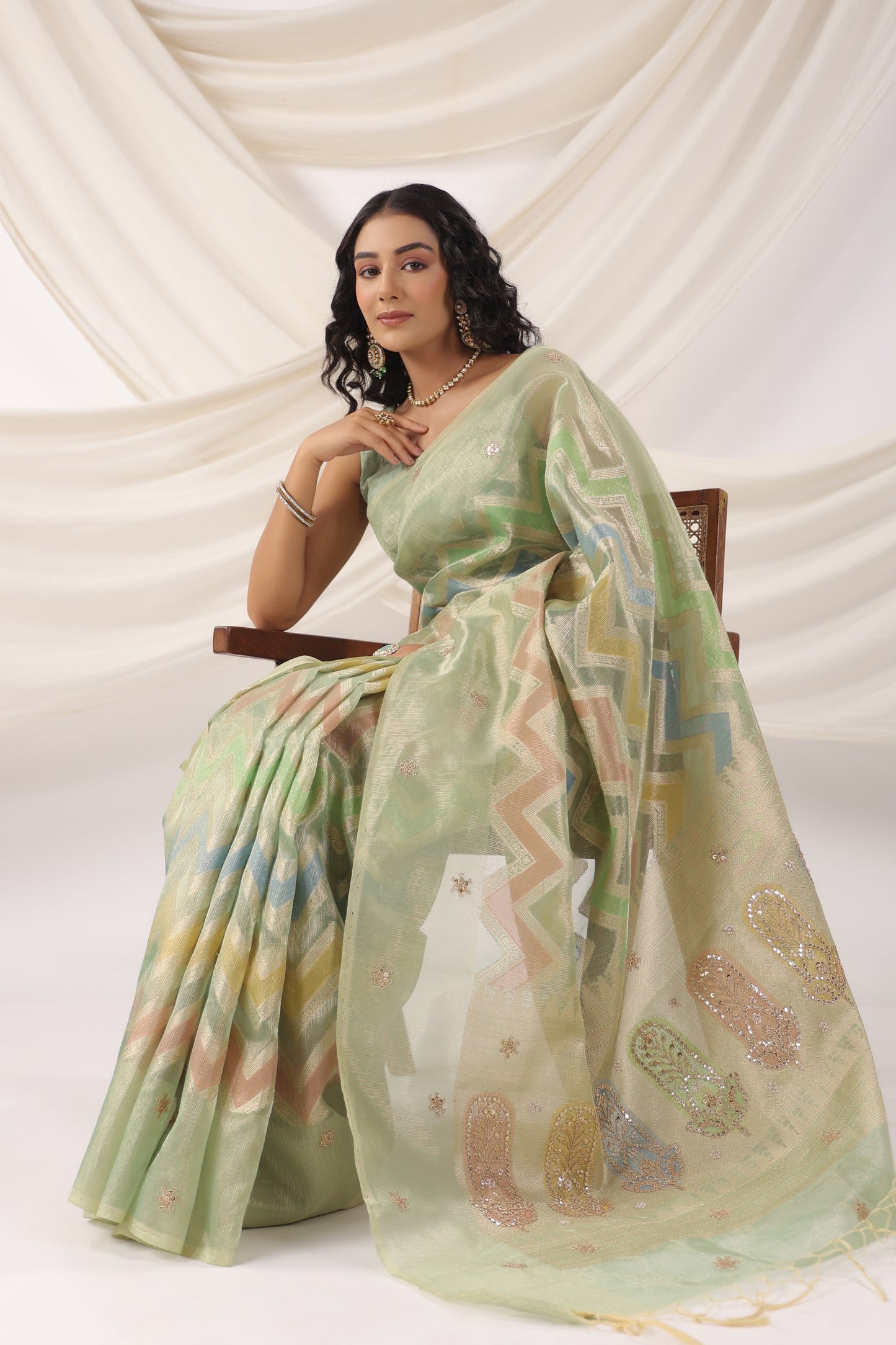 Mint Green multicolour Zari Saree