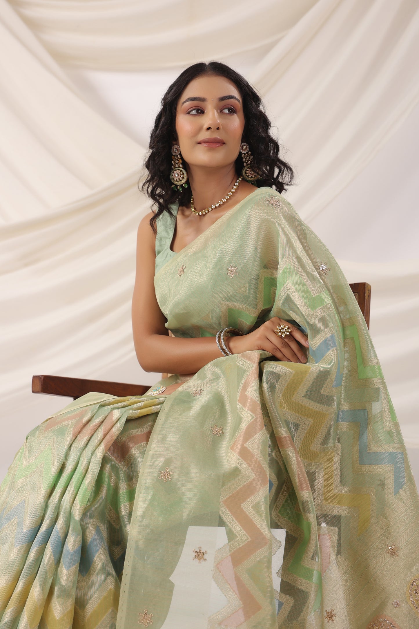 Mint Green multicolour Zari Saree