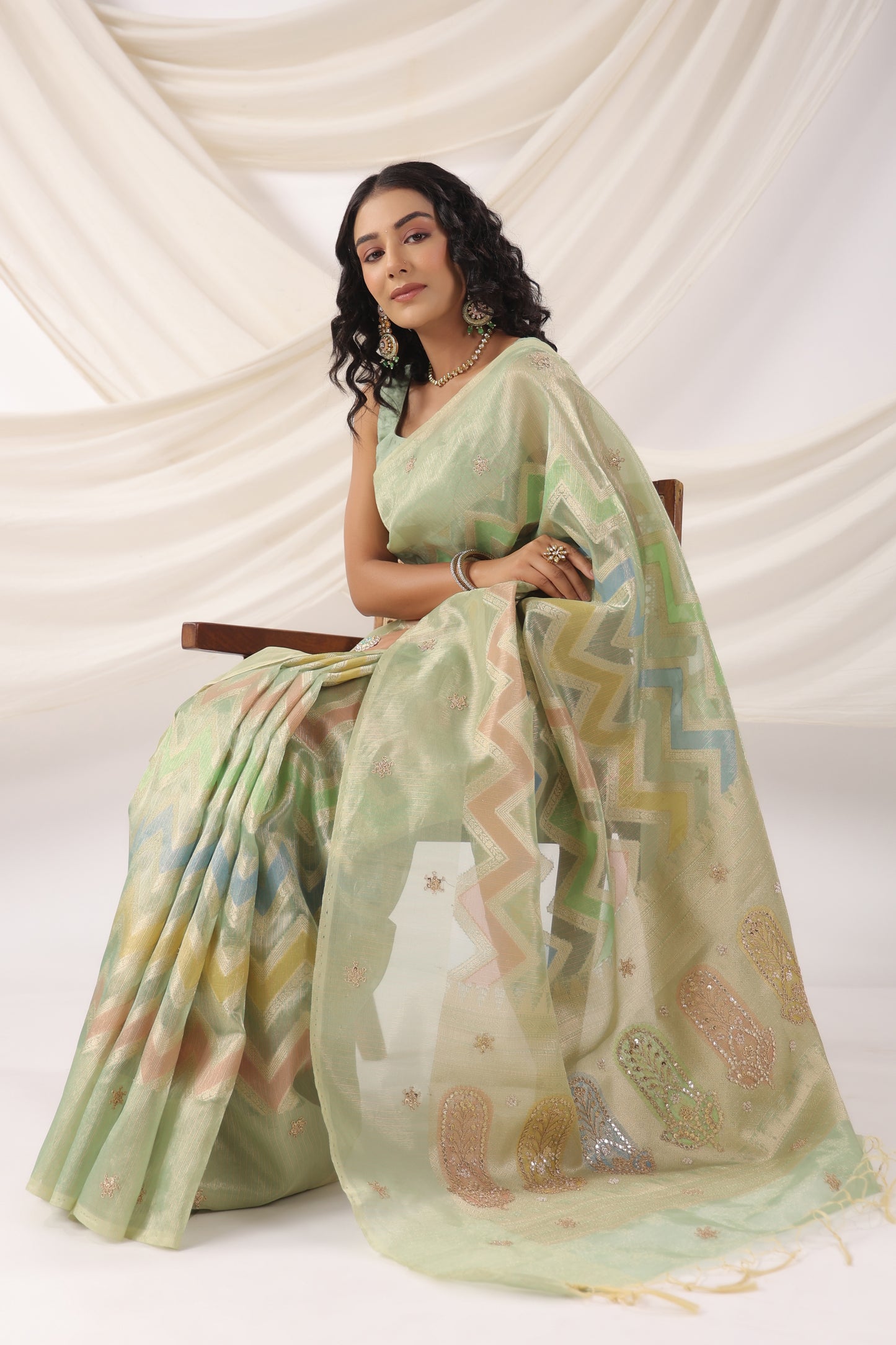Mint Green multicolour Zari Saree