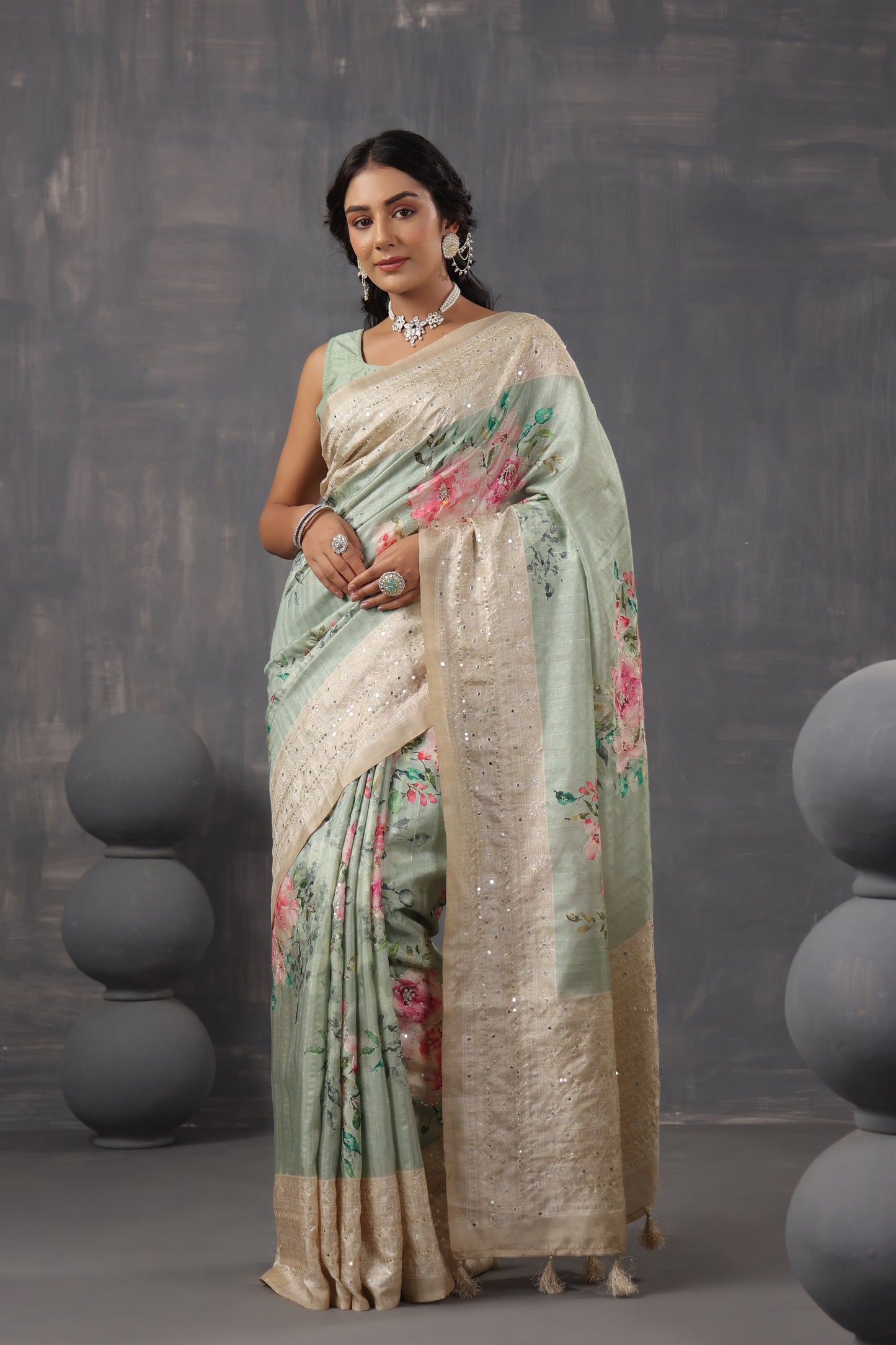 Pastel Green Tussar Silk Saree