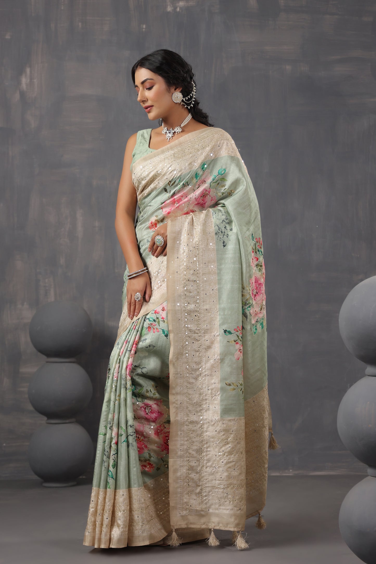 Pastel Green Tussar Silk Saree