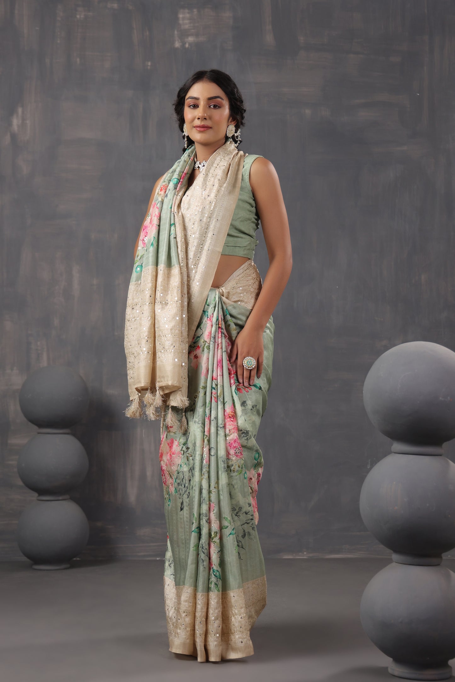 Pastel Green Tussar Silk Saree