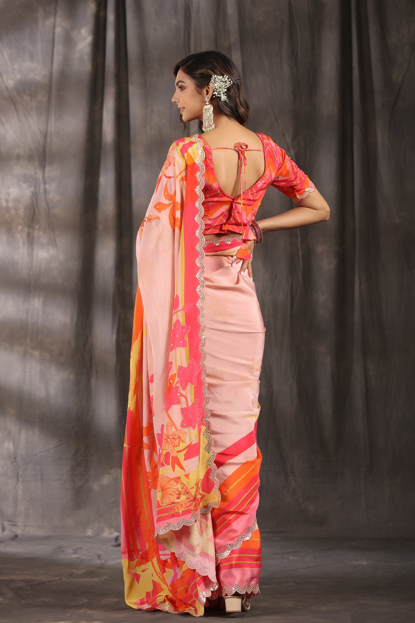 Flamingo Pink Floral printed Saree