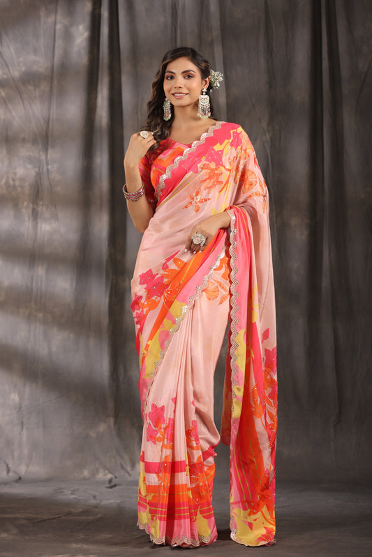Flamingo Pink Floral printed Saree