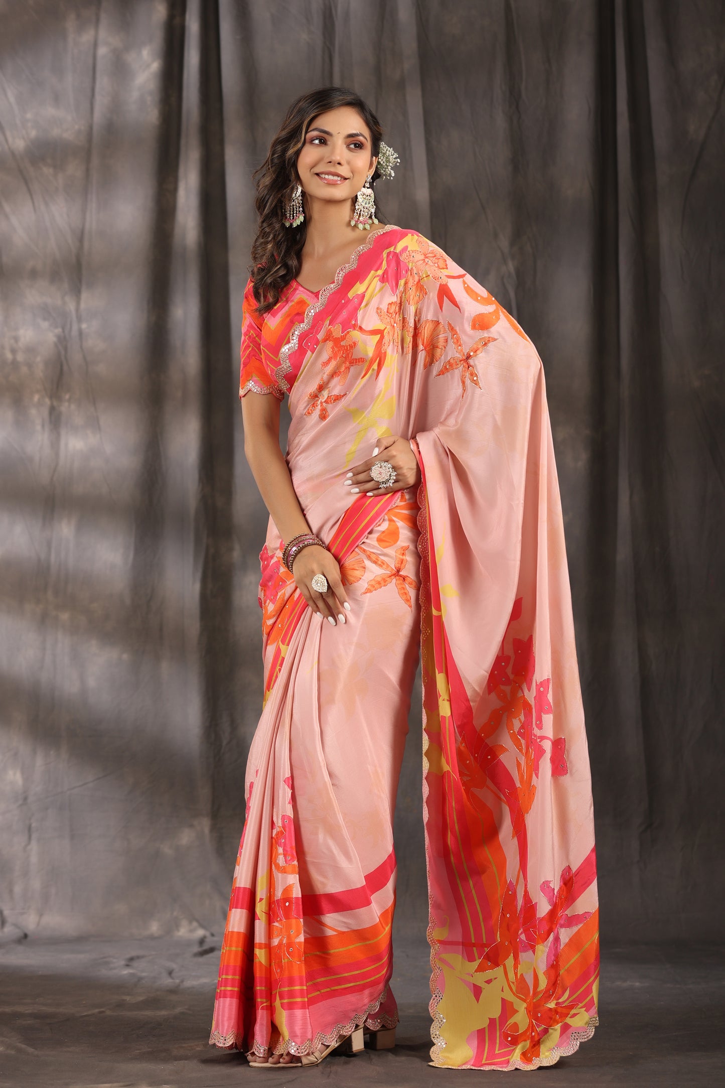 Flamingo Pink Floral printed Saree