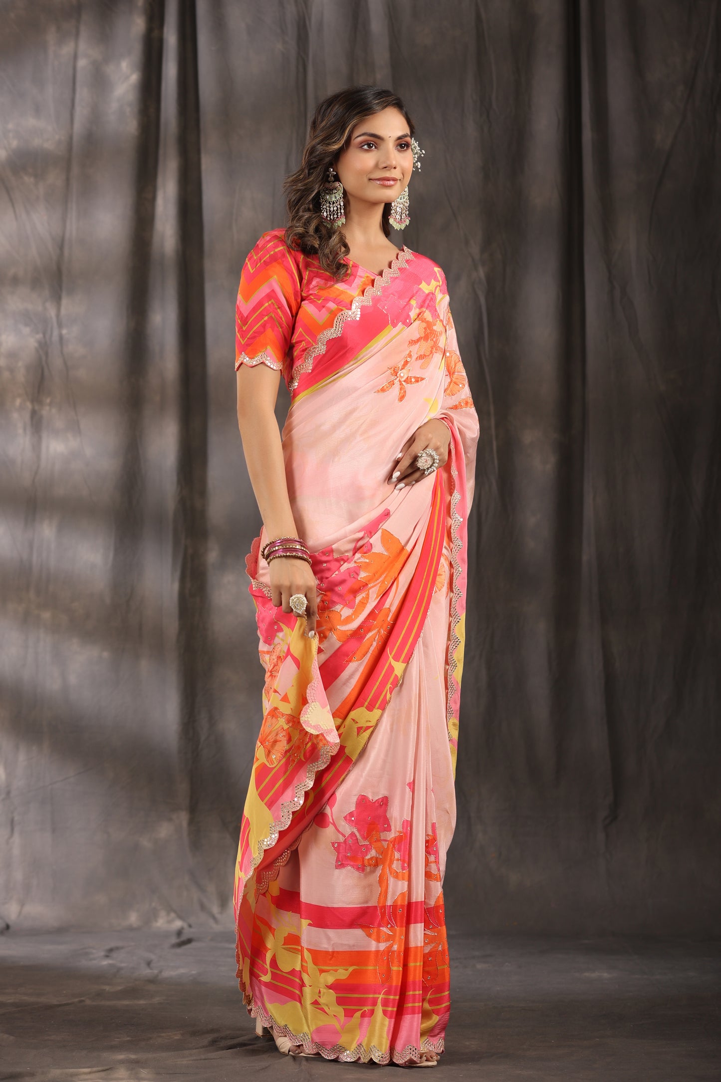 Flamingo Pink Floral printed Saree