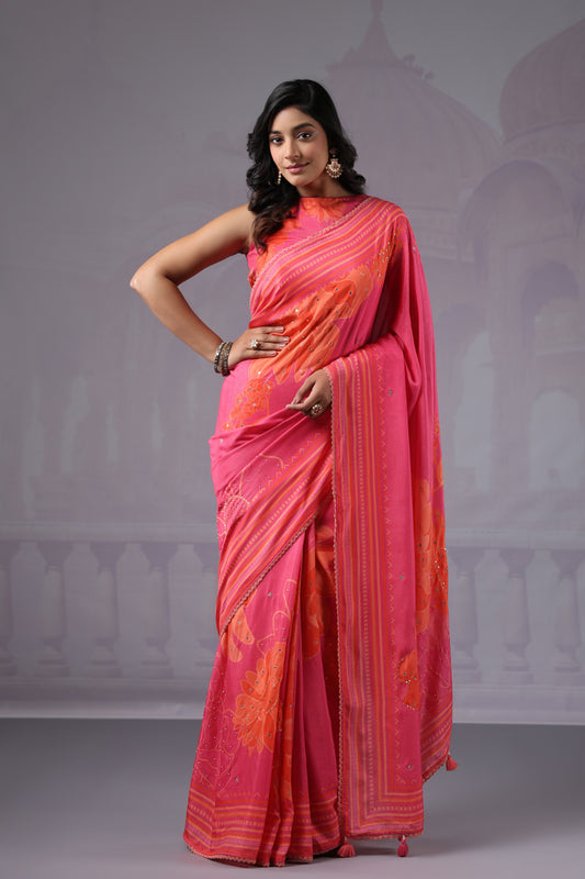 Pink Orange Floral Saree