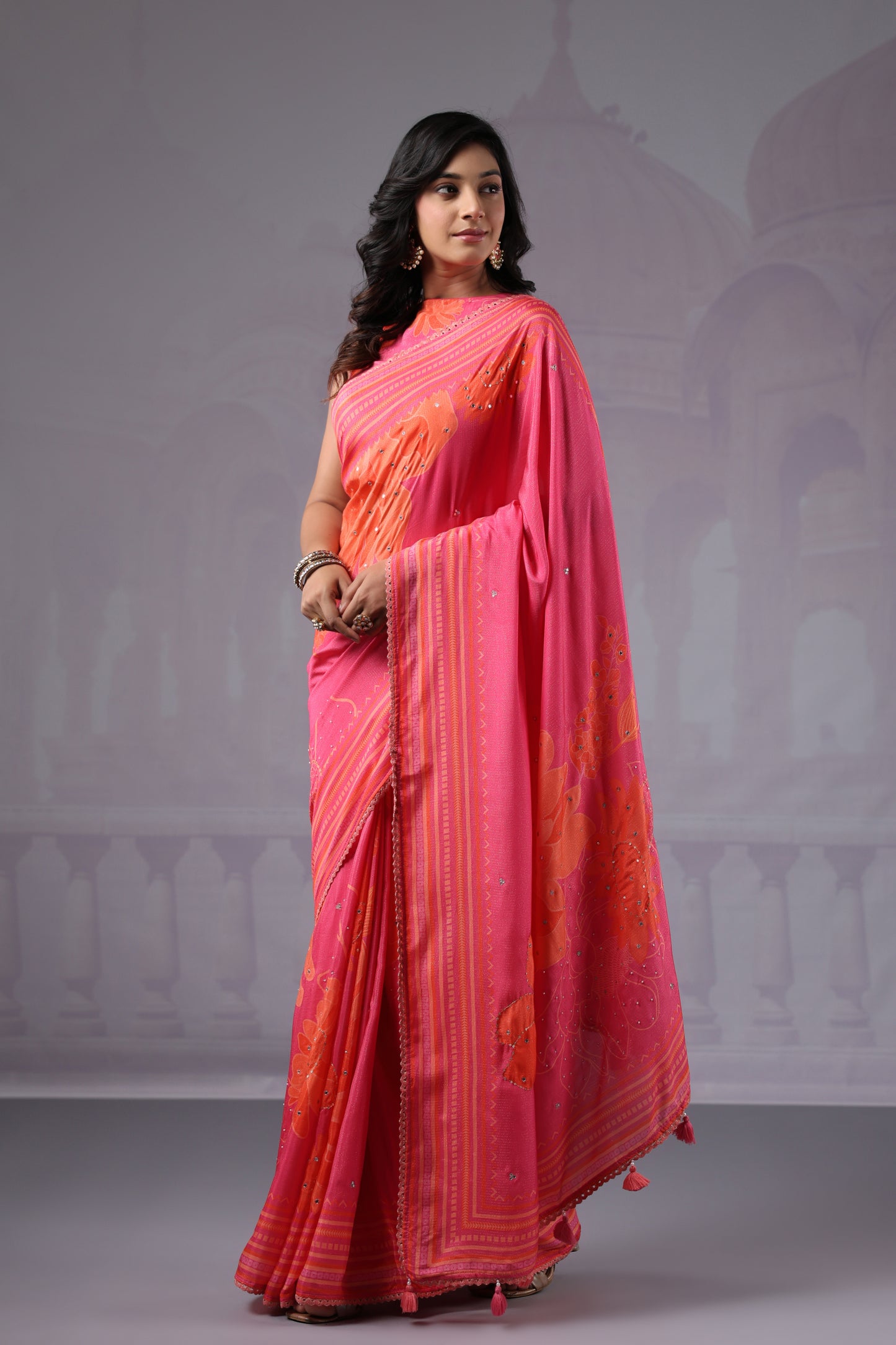 Pink Orange Floral Saree