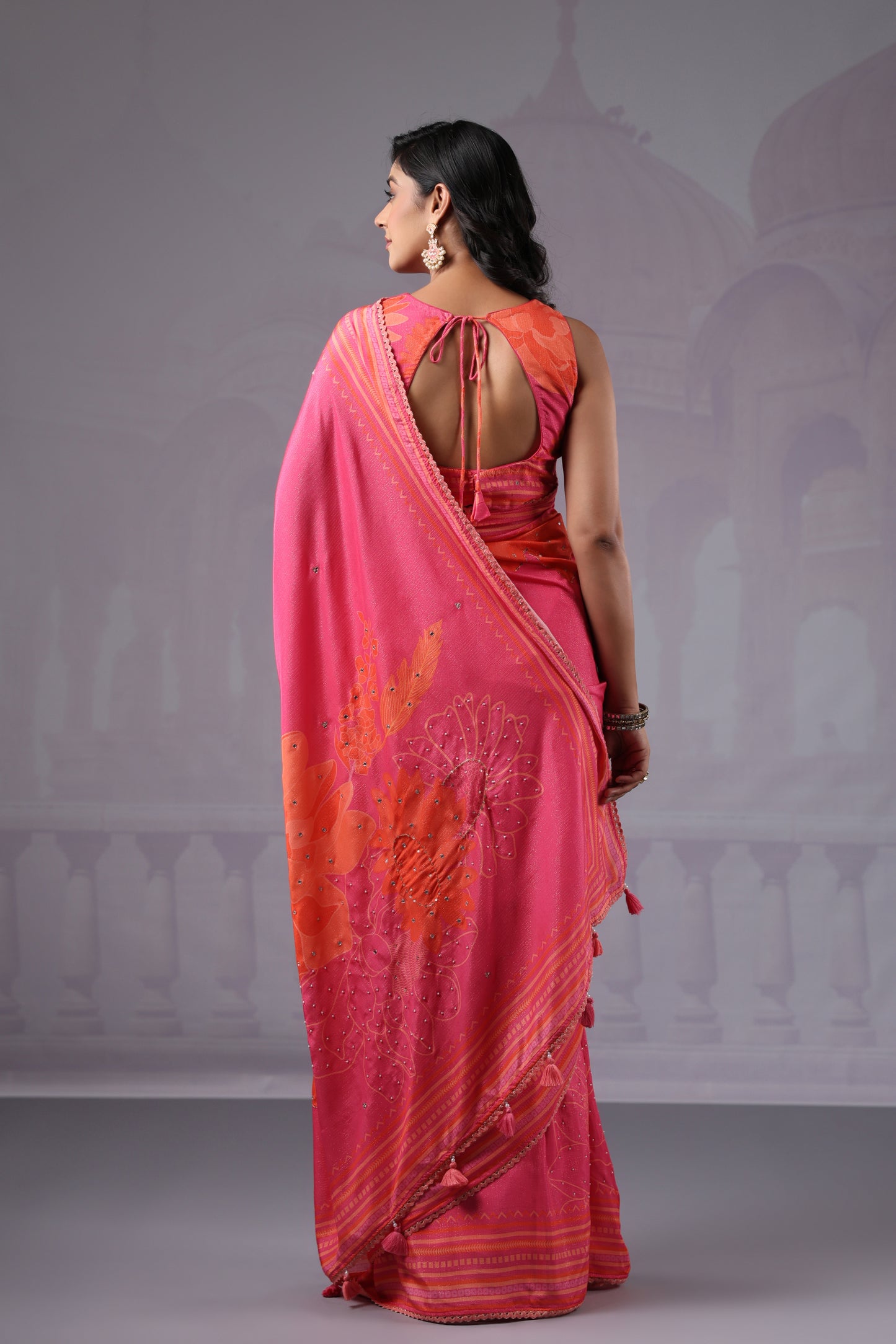 Pink Orange Floral Saree