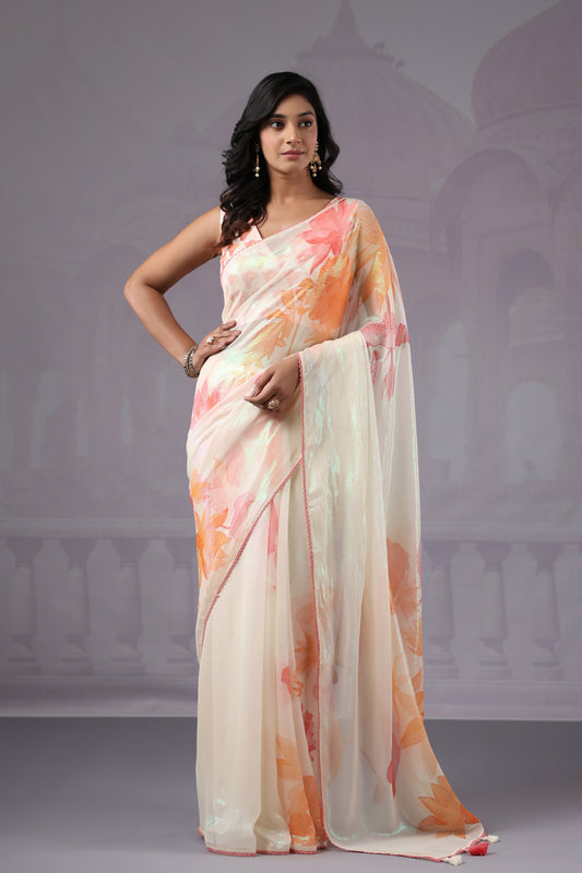 Classic White Floral Saree